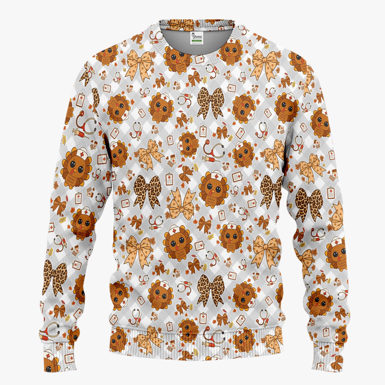 Thanksgiving Turkey Scrub Set for Nurses - Cute Fall Leaves and Bow Scrubs Pants and V Neck Top - Autumn Nursing Gift for Her