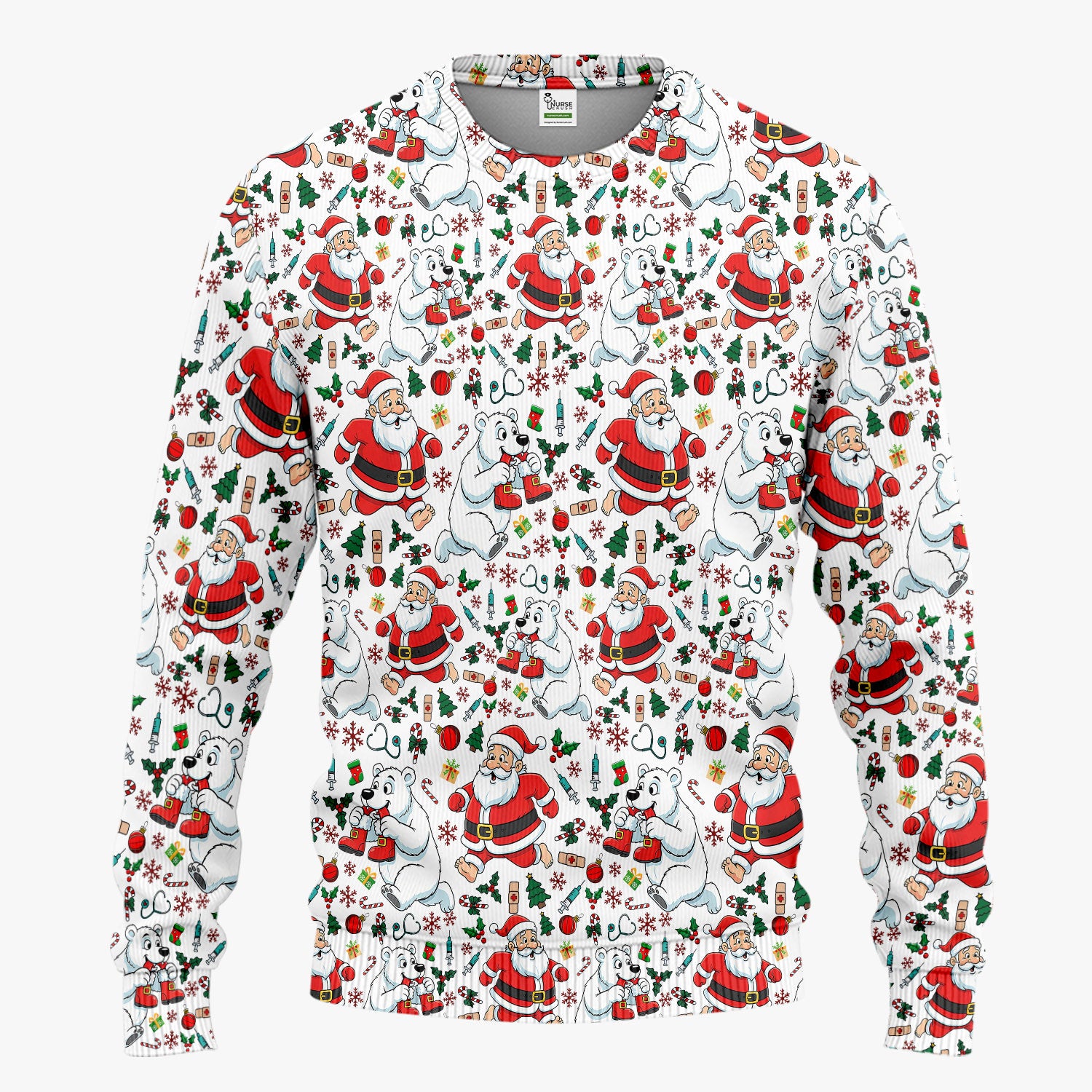 Christmas Santa & Polar Bear Scrub Set - Funny Holiday Nursing Pants and V Neck Top - Cute Winter Medical Uniform