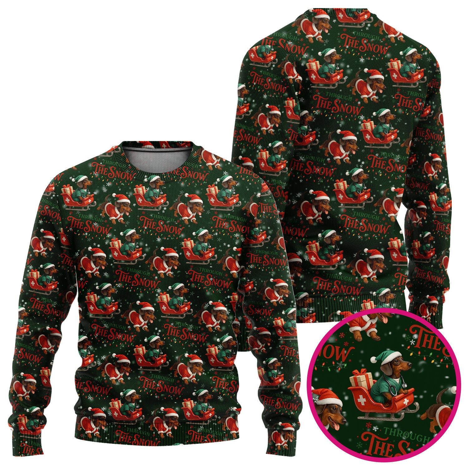 Dachshund Christmas Ugly Sweater, Cute Dog Nurse Sweater, Through The Snow Pattern Nursing Uniform