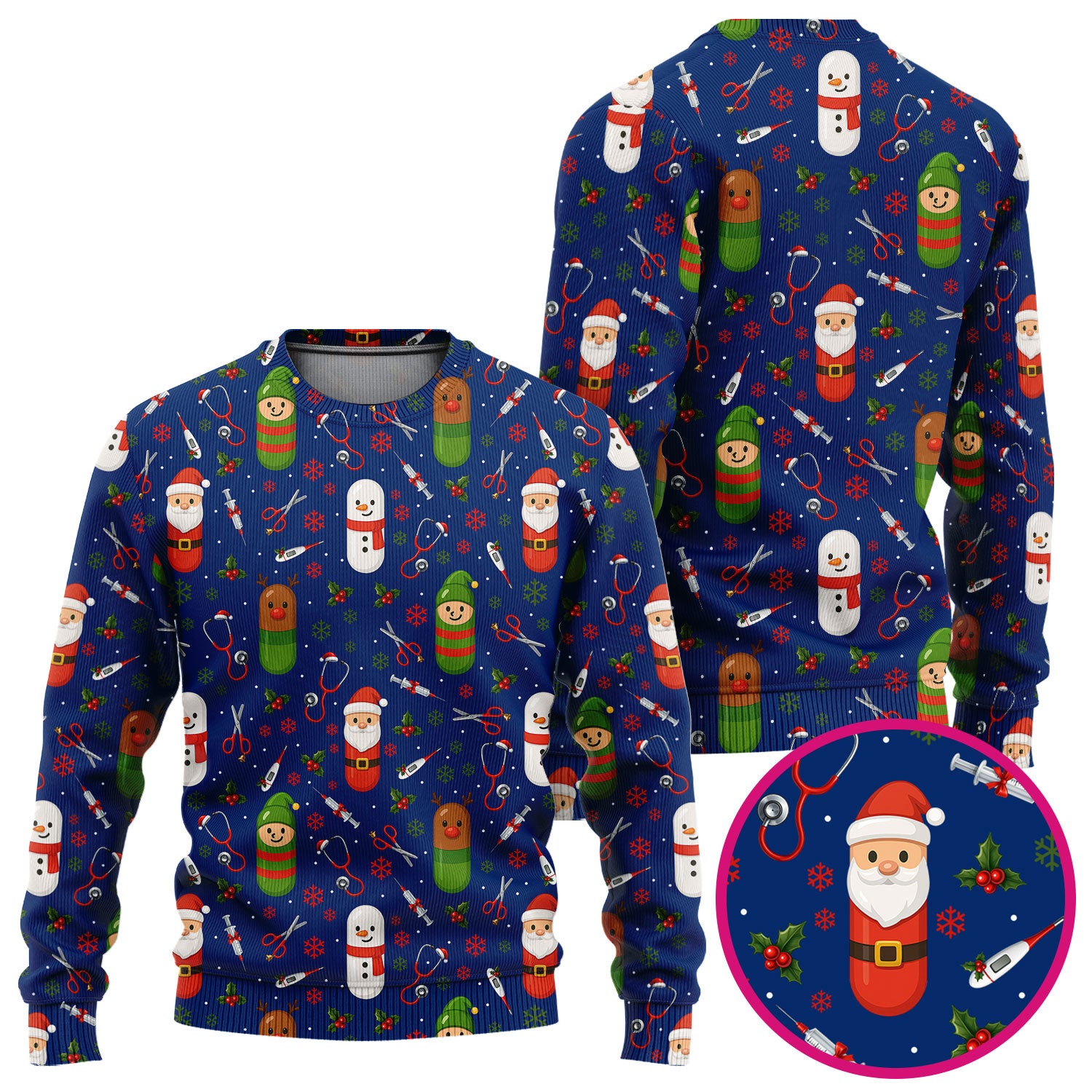 Santa Christmas Scrubs Set - Cute Holiday Pattern with Reindeer and Snowman - Fun Medical Scrub Top and Pants for Women Nurses