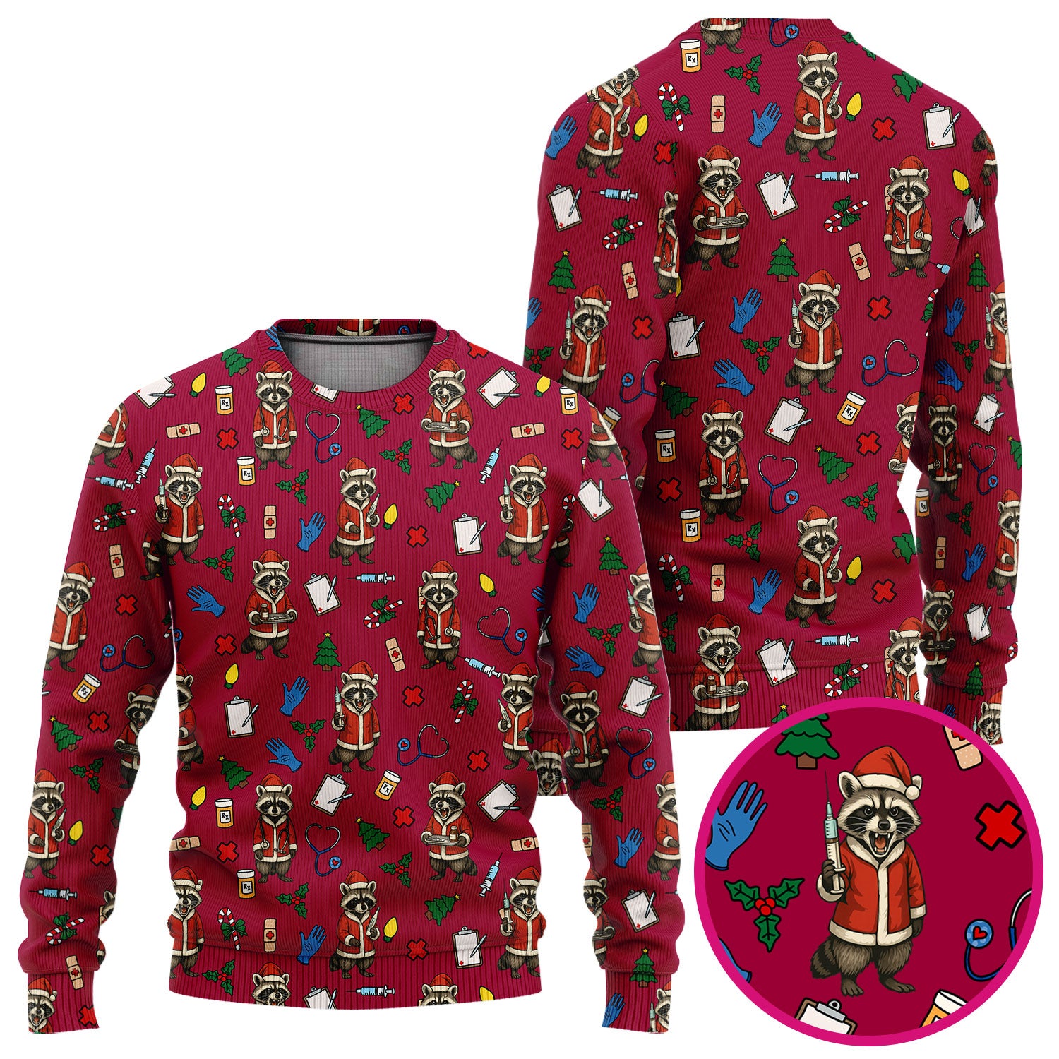 Christmas Raccoon Pattern Nurse Scrub Set - Funny Santa Medical Print Top and Pants - Holiday Gift for RN LPN CNA Women