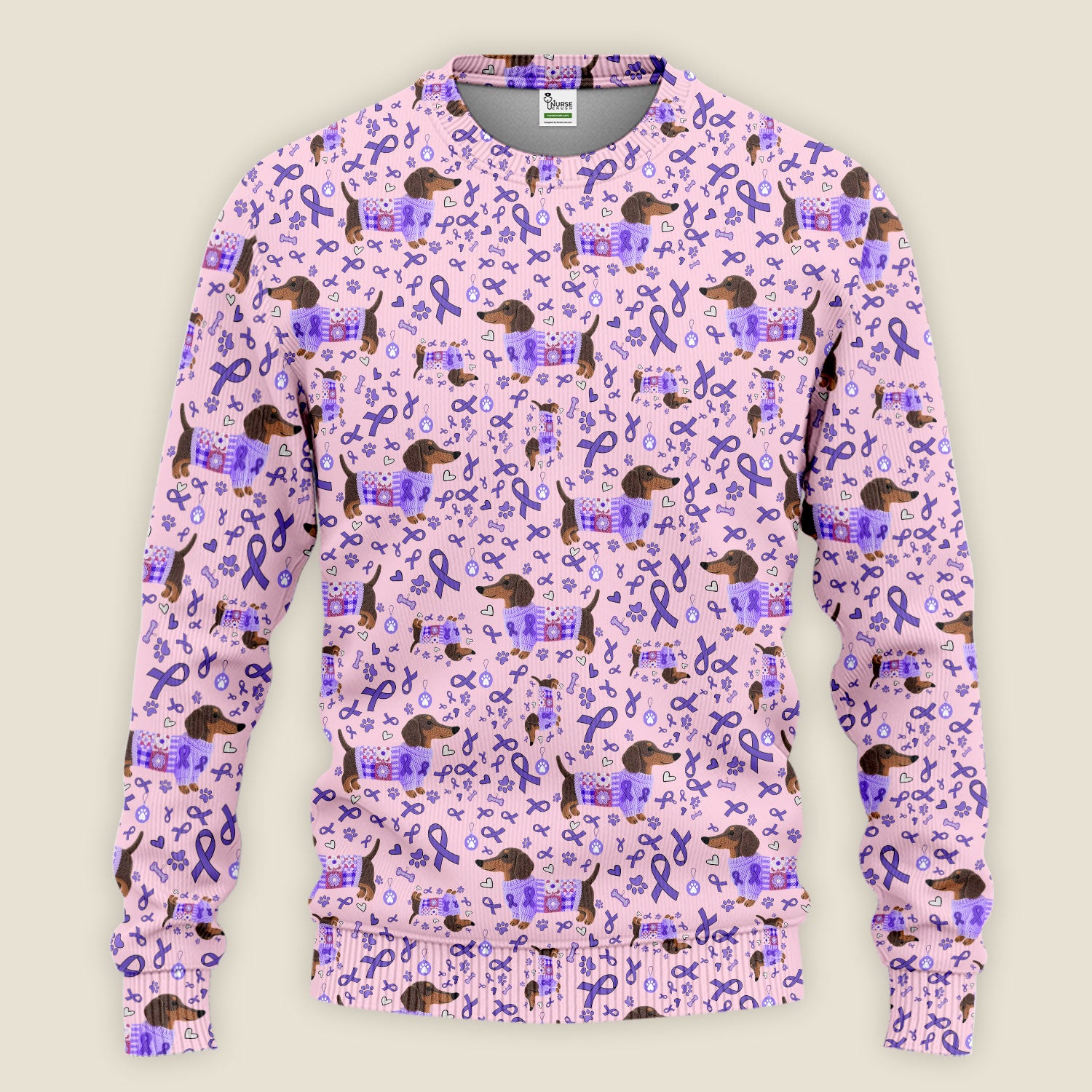Purple Ribbon Dachshund Scrub Sets - Cute Awareness Dog Paw Prints Scrub Pants and V Neck Top - Support Lupus Cancer Med Uniform