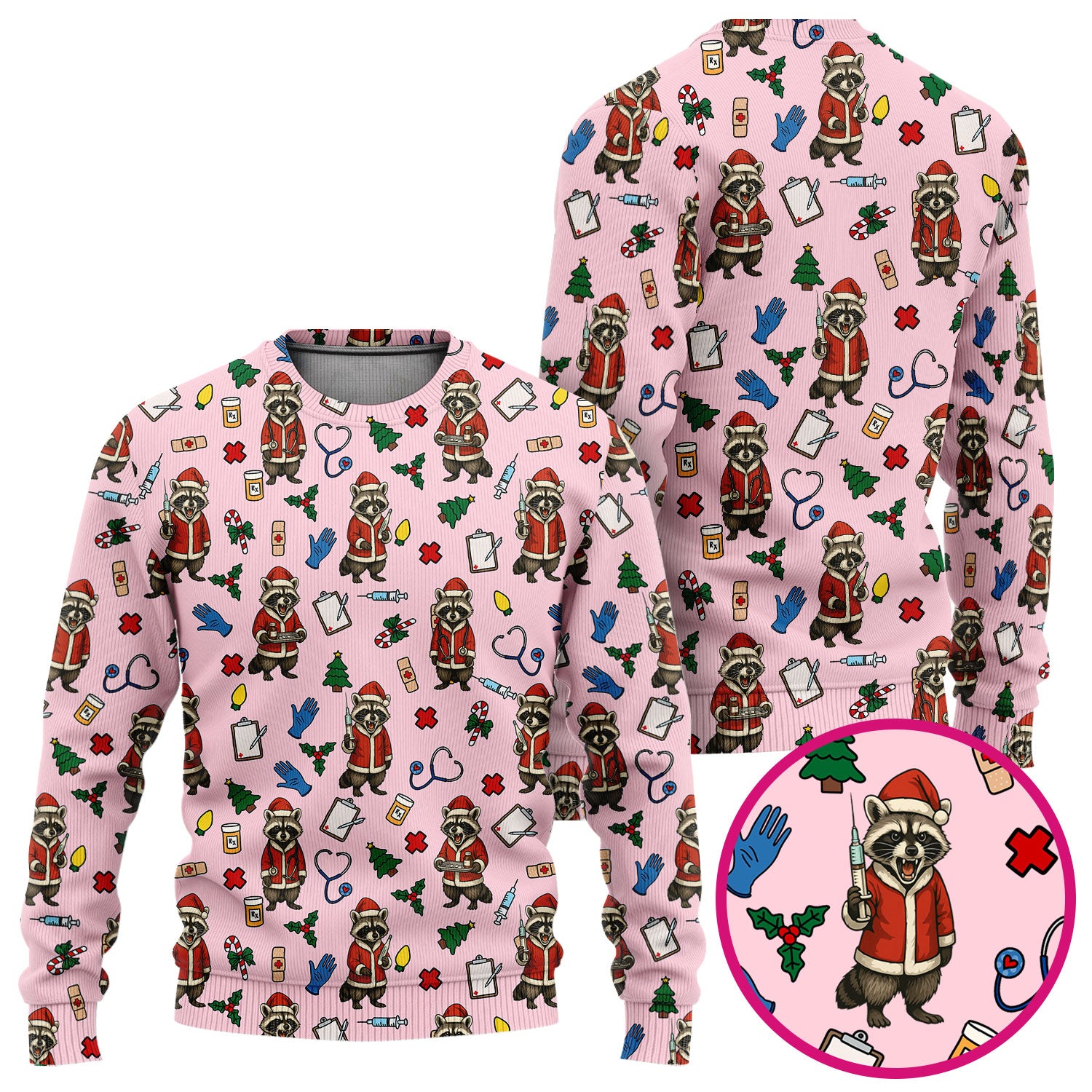 Christmas Raccoon Pattern Nurse Scrub Set - Funny Santa Medical Print Top and Pants - Holiday Gift for RN LPN CNA Women
