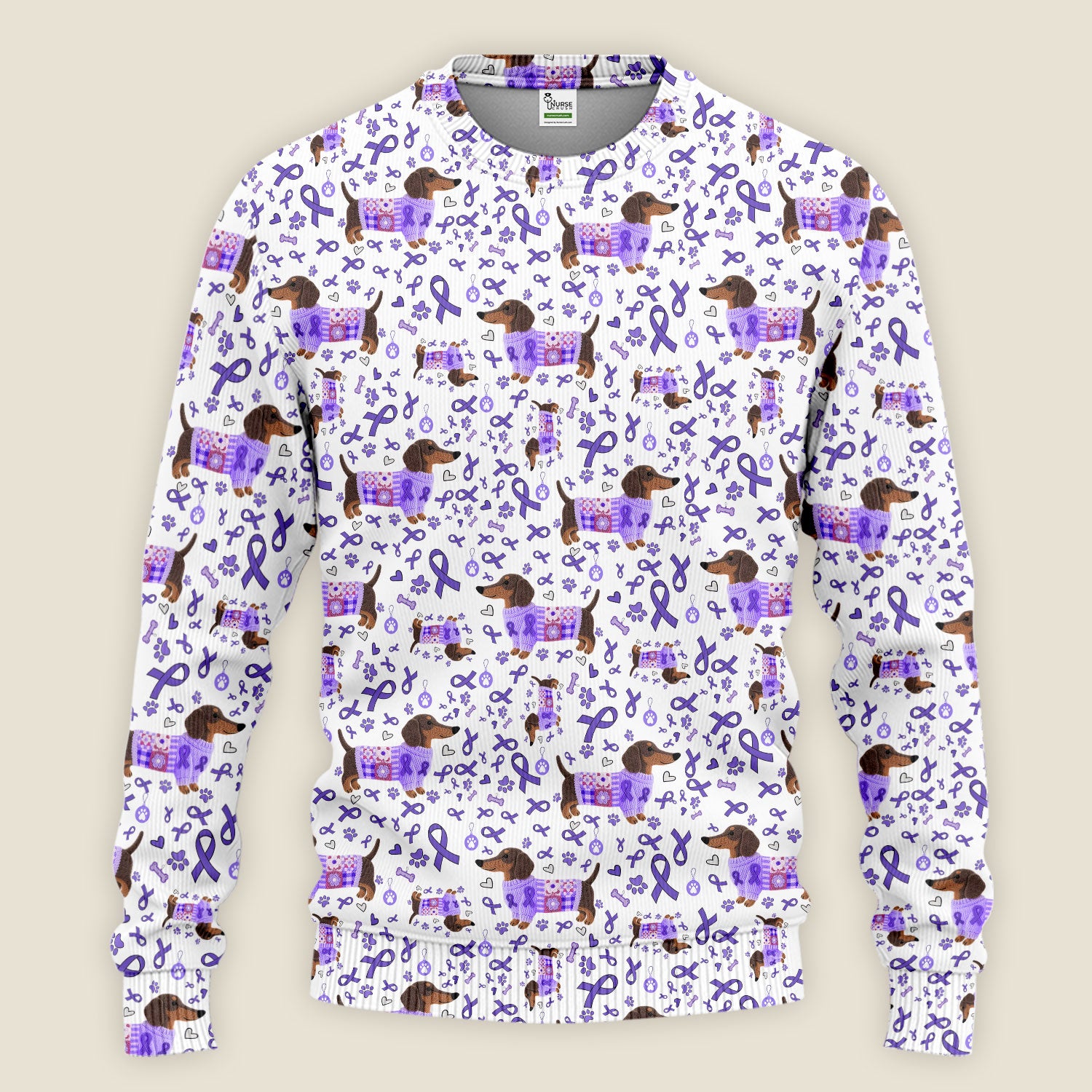 Purple Ribbon Dachshund Scrub Sets - Cute Awareness Dog Paw Prints Scrub Pants and V Neck Top - Support Lupus Cancer Med Uniform