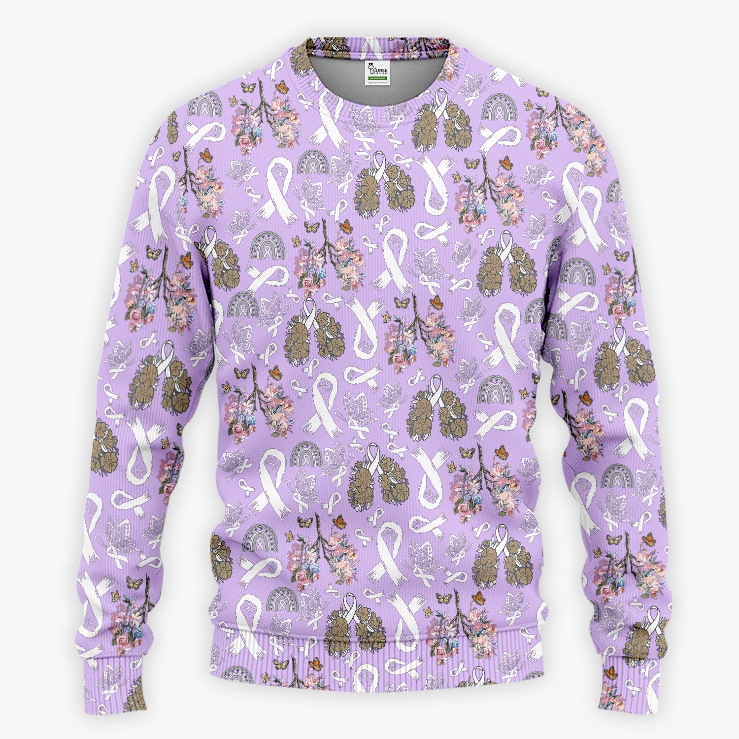 Lung Cancer Awareness Scrub Sets for Women - White Ribbon Butterfly Floral Scrub Pants and V Neck Top - Comfortable Med Uniform for Her