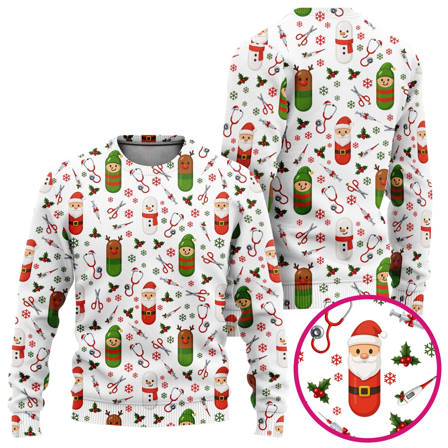 Santa Christmas Scrubs Set - Cute Holiday Pattern with Reindeer and Snowman - Fun Medical Scrub Top and Pants for Women Nurses