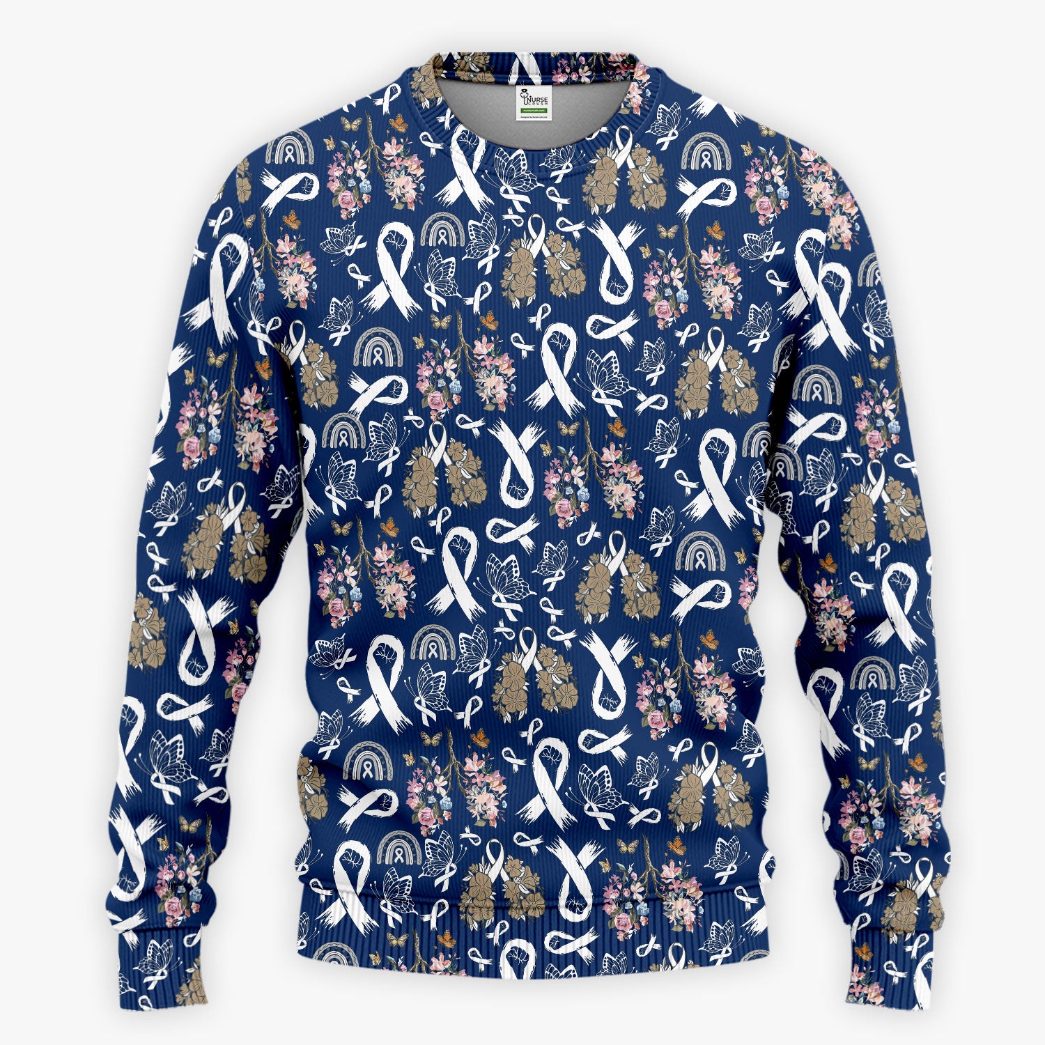 Lung Cancer Awareness Scrub Sets for Women - White Ribbon Butterfly Floral Scrub Pants and V Neck Top - Comfortable Med Uniform for Her