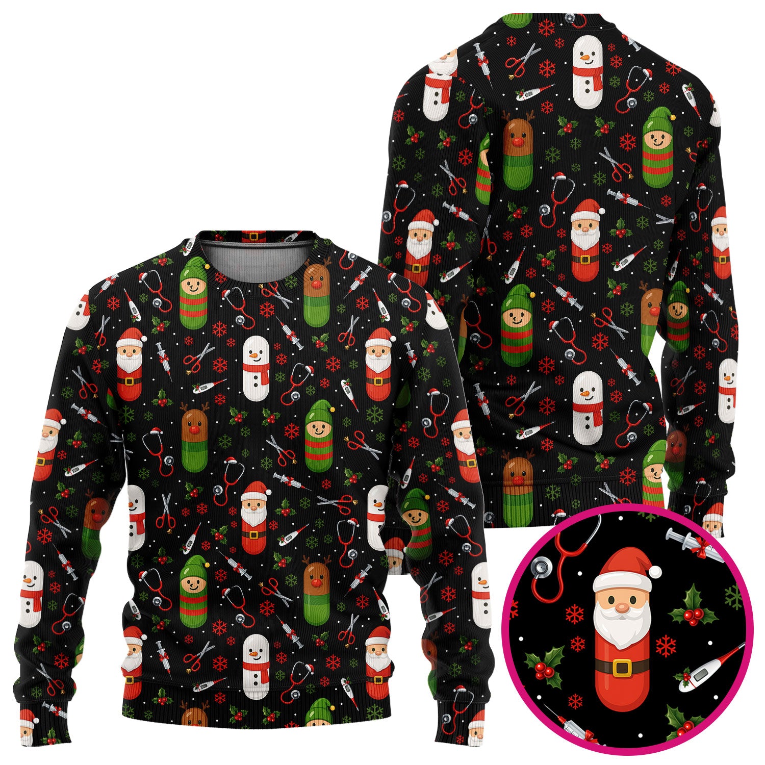 Santa Christmas Scrubs Set - Cute Holiday Pattern with Reindeer and Snowman - Fun Medical Scrub Top and Pants for Women Nurses