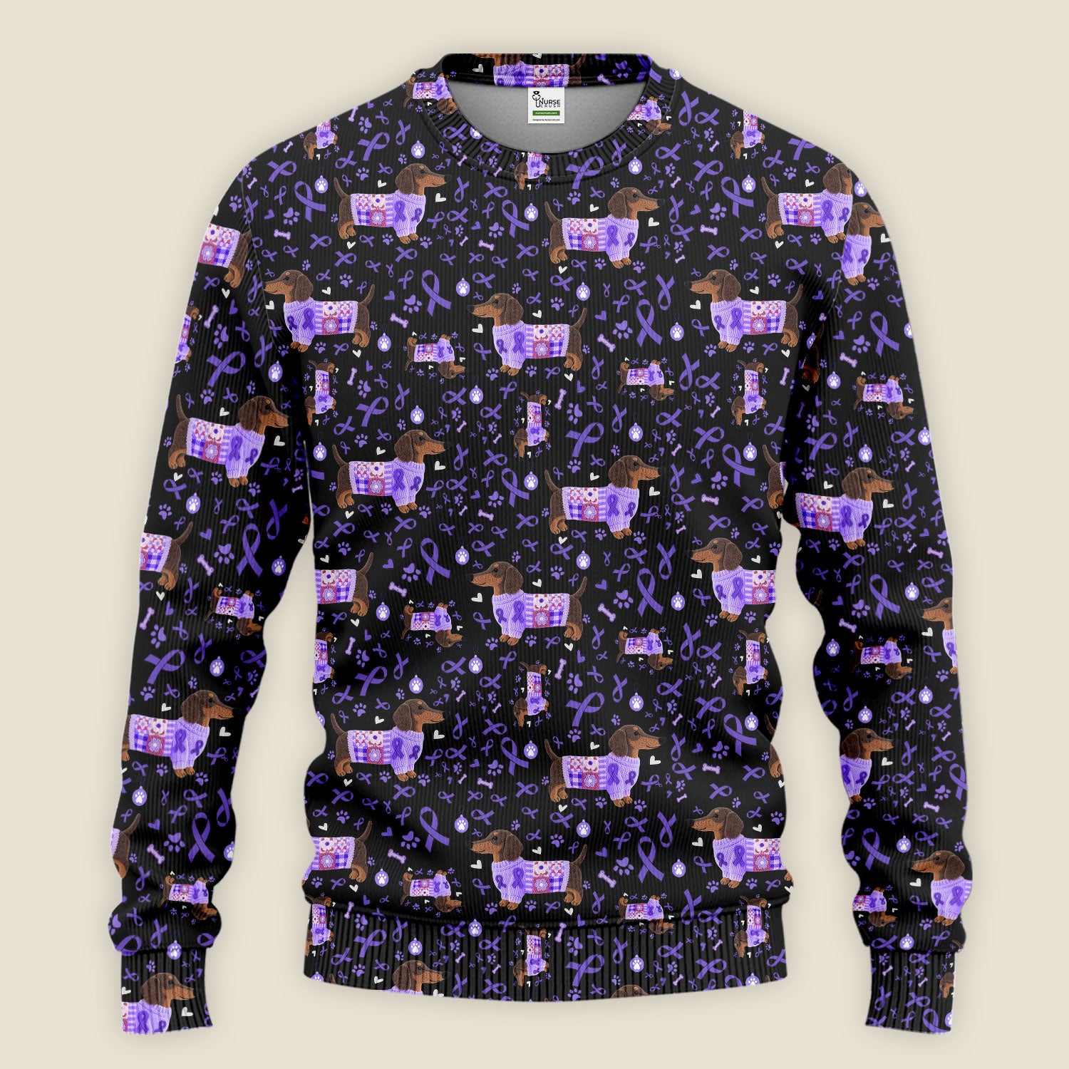 Purple Ribbon Dachshund Scrub Sets - Cute Awareness Dog Paw Prints Scrub Pants and V Neck Top - Support Lupus Cancer Med Uniform