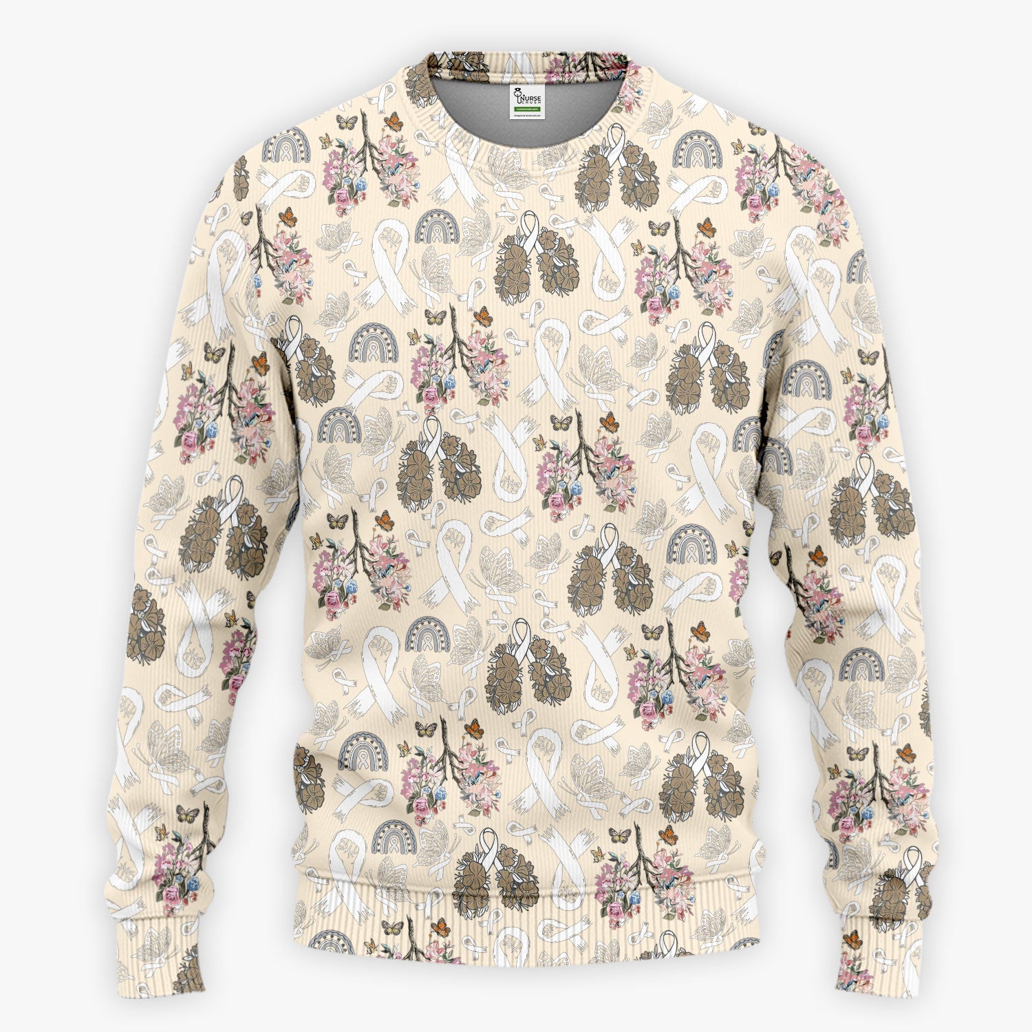 Lung Cancer Awareness Scrub Sets for Women - White Ribbon Butterfly Floral Scrub Pants and V Neck Top - Comfortable Med Uniform for Her