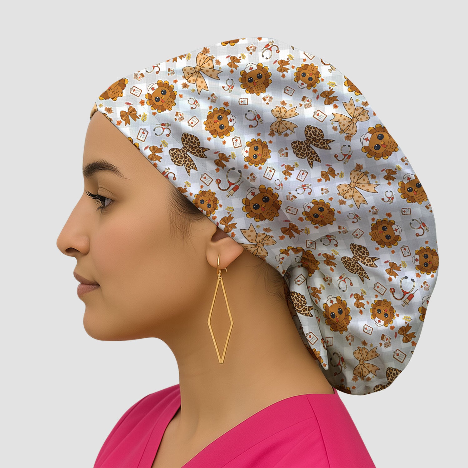 Thanksgiving Bouffant Scrub Caps for Women - Cute Turkey Holiday Nursing Gift - Fall Leaves and Bow Caps