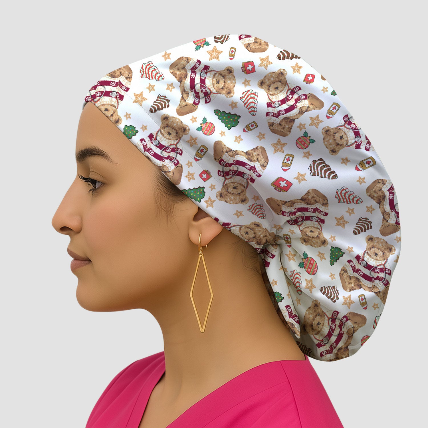 Teddy Bear Christmas Bouffant Scrub Caps for Women - Festive Holiday Nursing Gift - Breathable Fabrics Caps Uniform