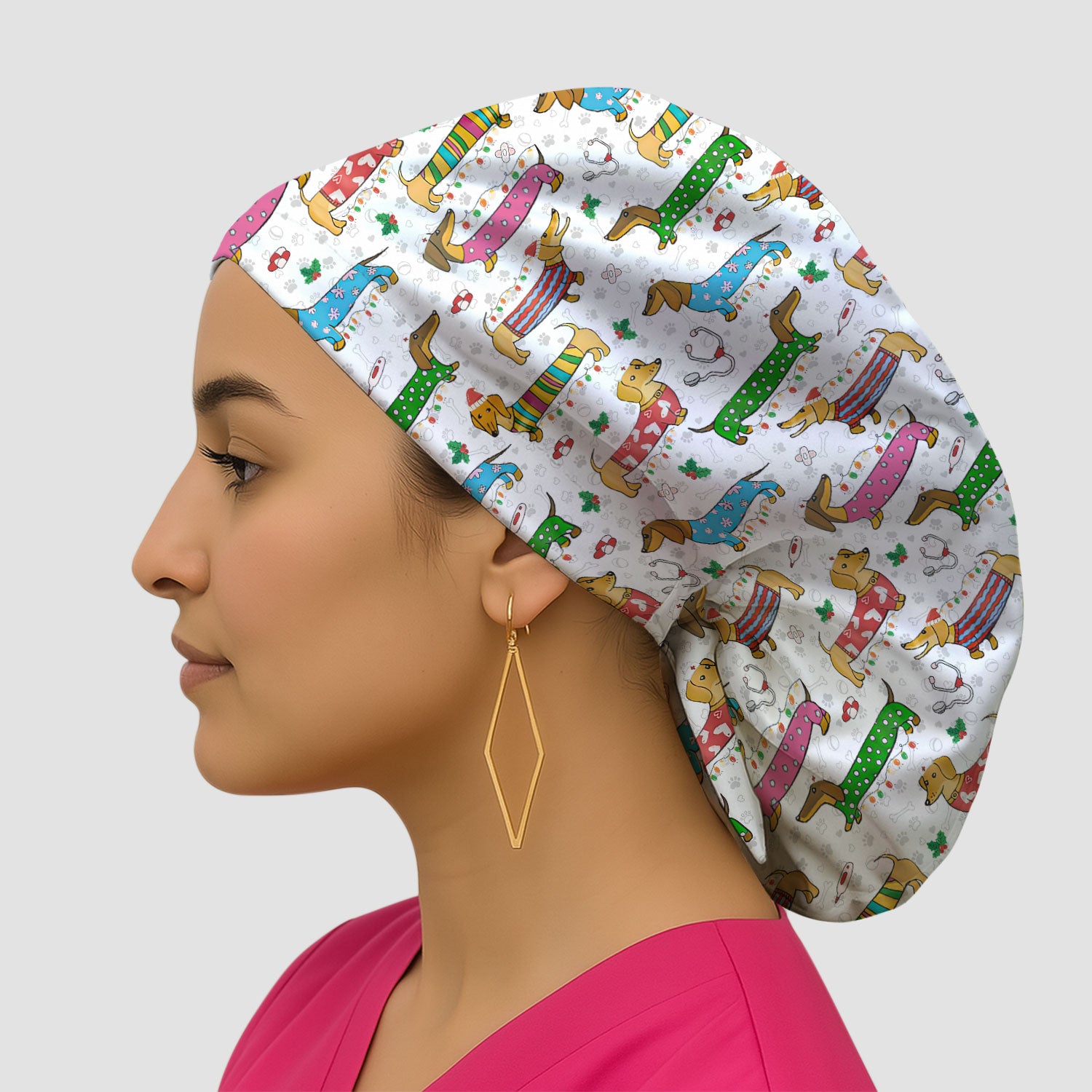 Funny Dachshund Bouffant Scrub Caps for Women - Cute Wiener Dog Holiday Nursing Gift - Puppy Lover Gift