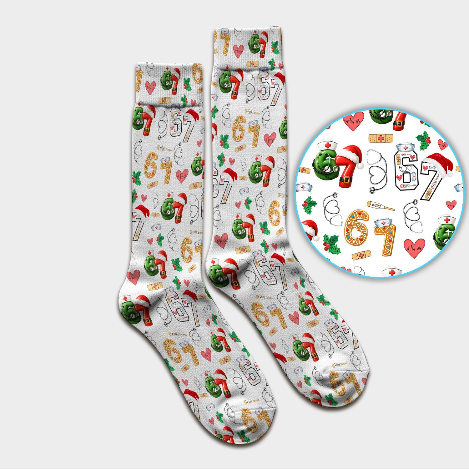 Christmas Nurse 67 Pattern Scrub Socks, Cute Holiday Medical Sock With Santa Hat, Uniform For Nursing