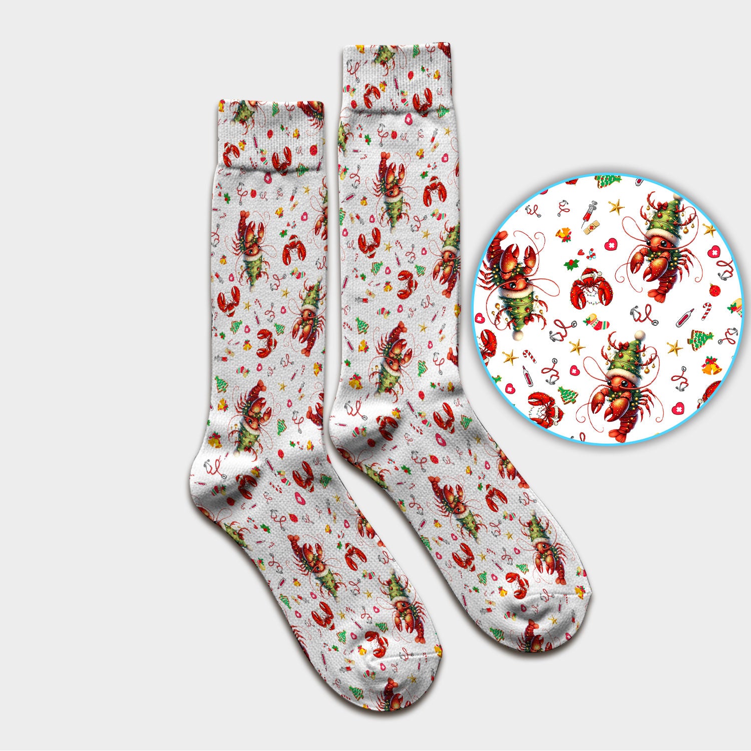 Whimsical Crawfish Christmas Scrub Socks – Southern Christmas Cajun Holiday Crawfish Pattern – Cute Medical Uniform for Nurses, Vets And Healthcare Workers
