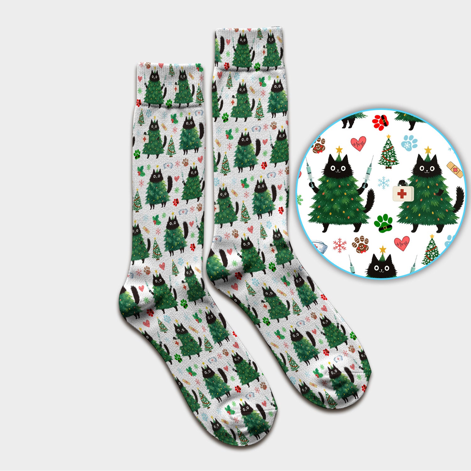 Christmas Nurse Scrub Socks, Xmas Black Cat Pattern Nurse Sock,  Breathable Fabrics Nursing Uniform