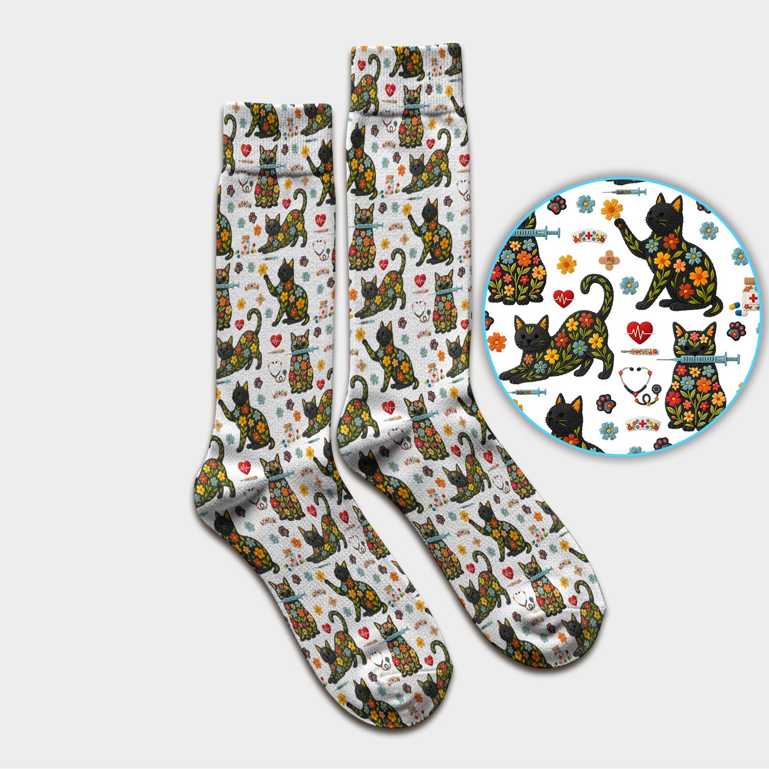 Floral Black Cat Pattern Scrub Socks, Cute Cat Nurse Scrub Sock, Medical Nursing Uniform