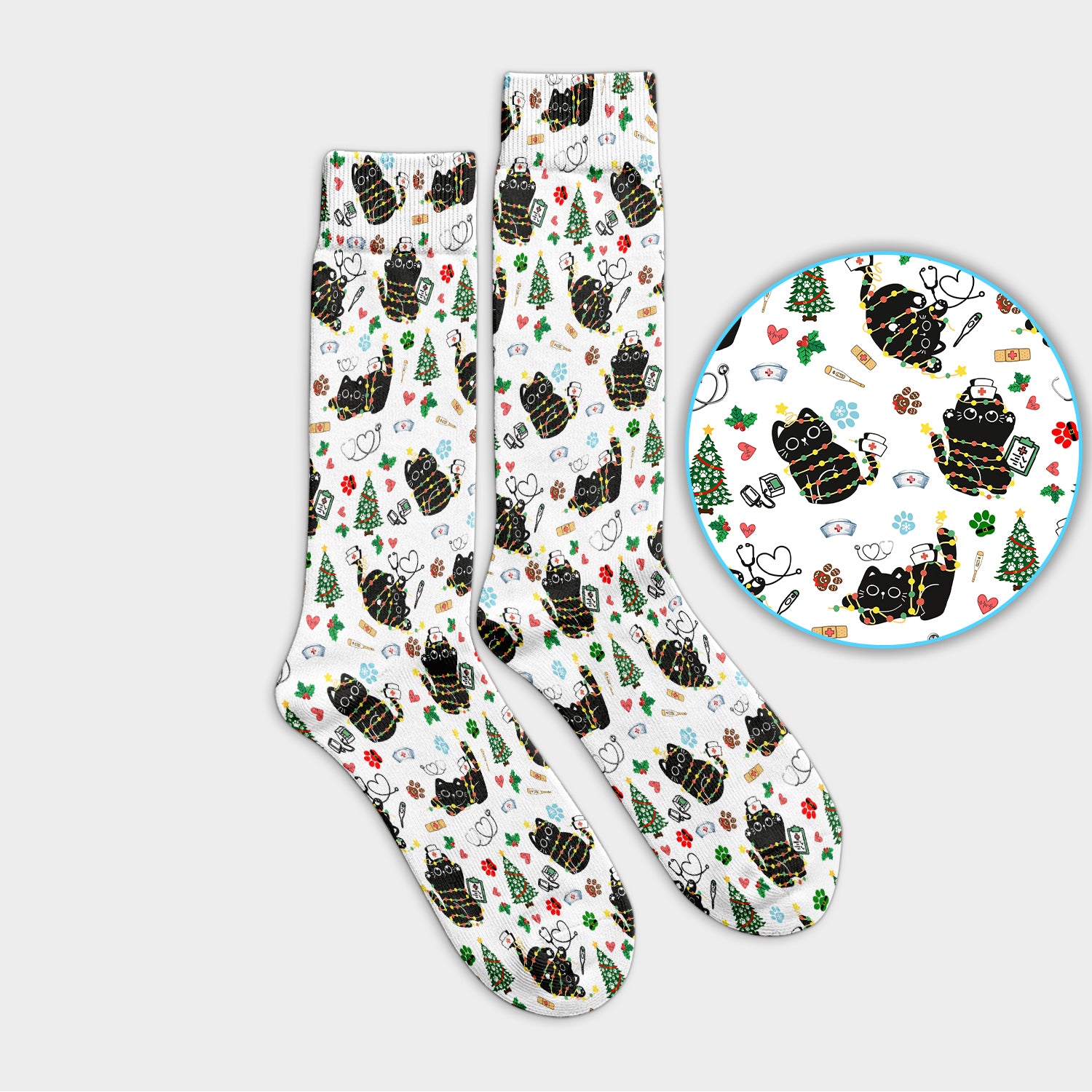 Funny Black Cat Christmas Scrub Socks – Cute Holiday Kitty Pattern – Festive Medical Uniform for Nurses, Vets, and Cat Lovers