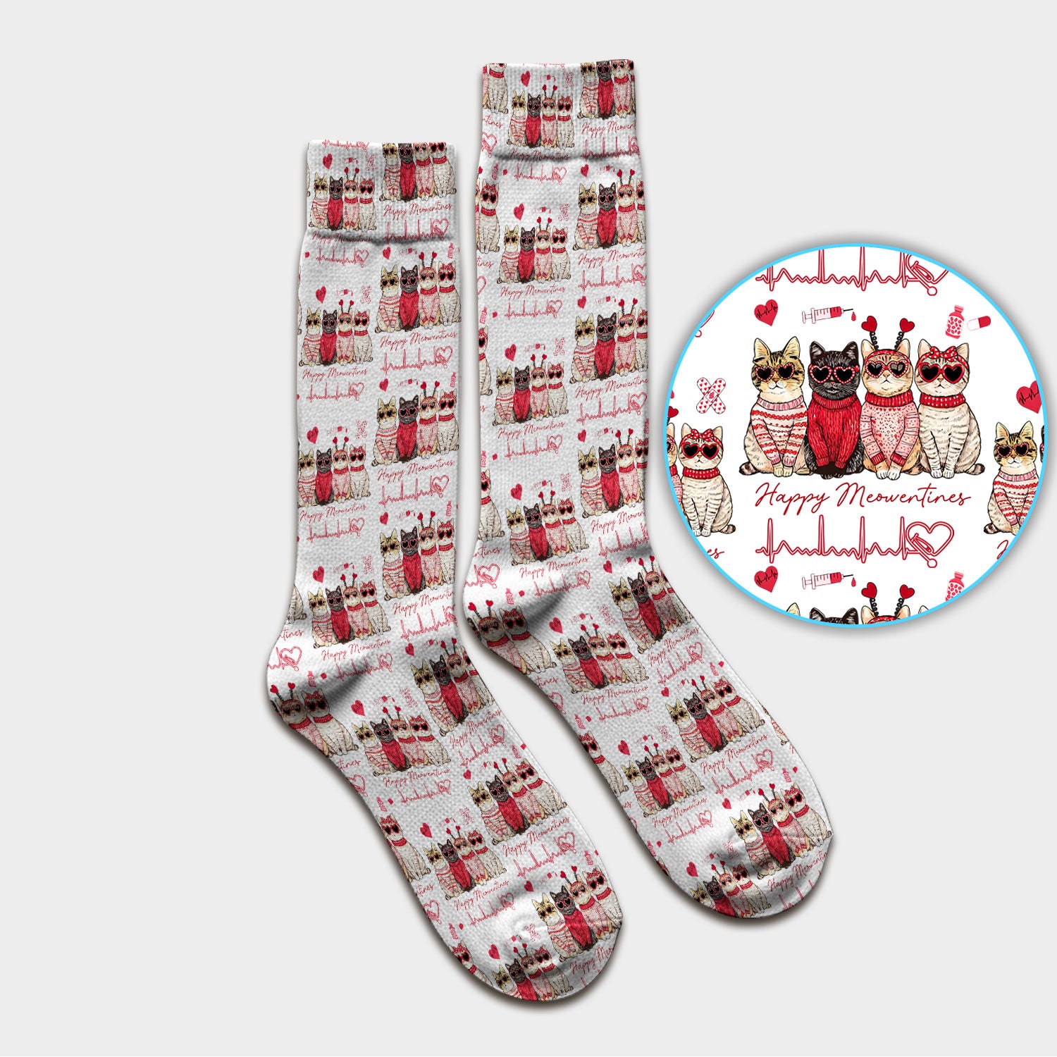 Happy Meowtines Cat Pattern Scrub Socks, Valentine Cat Lover Nurse Scrub Sock, Heartbeat Medical Pattern Nursing Uniform