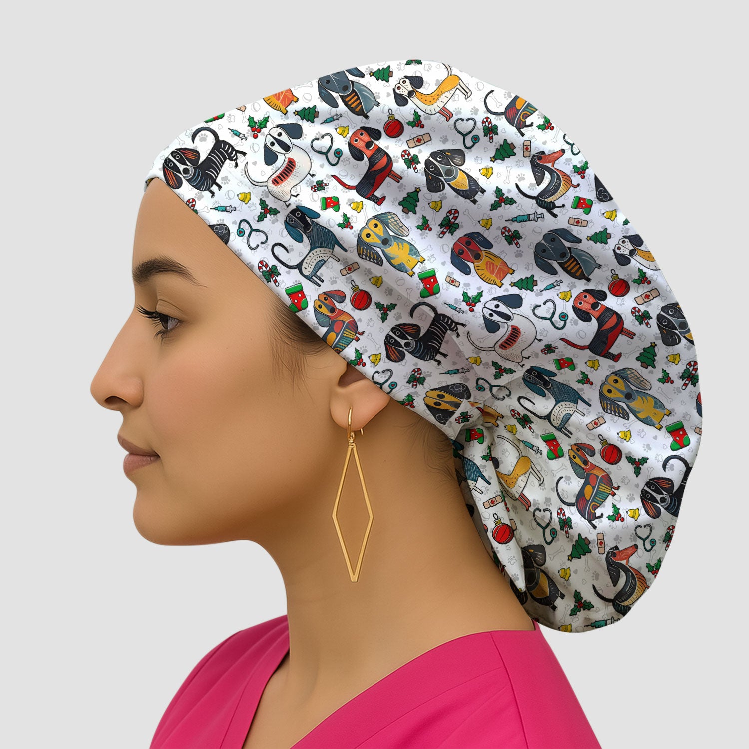 Christmas Wiener Dog Bouffant Scrub Caps for Women - Dachshund Holiday Nursing Gift - Breathable Fabrics Caps Uniform