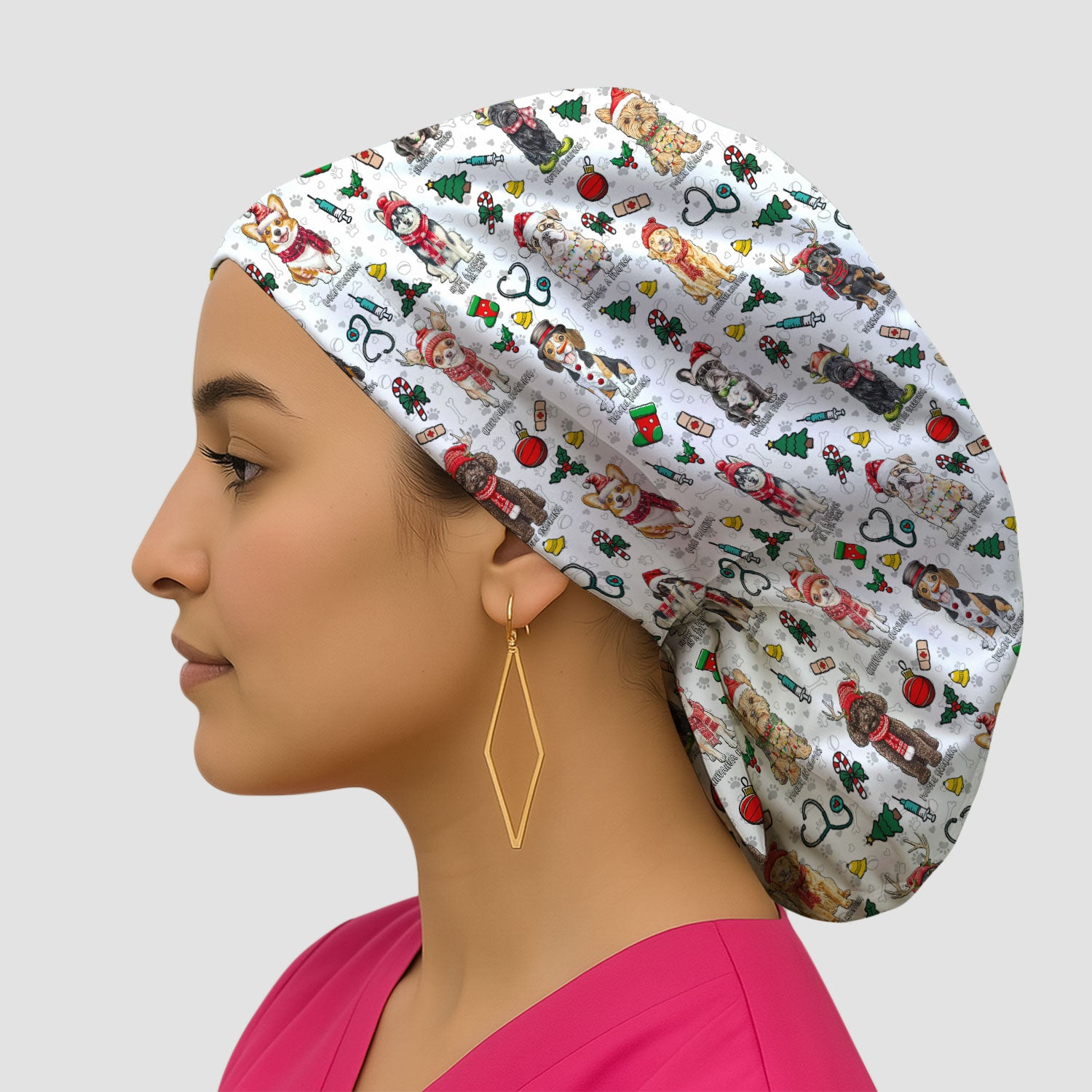 Cute Christmas Dog Bouffant Scrub Caps for Women - Corgi, Dachshund, Husky, Poodle & Labrador Surgical Caps for Doctors - Breathable Fabrics Caps Uniform