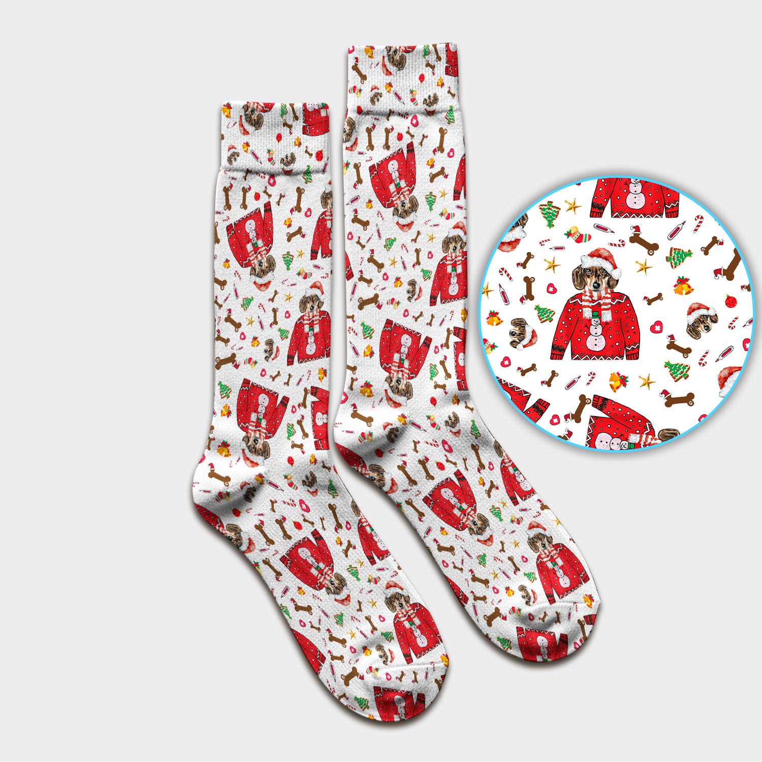 Funny Dog Christmas Socks – Cute Puppy in Santa Outfit Pattern – Festive Holiday Medical Uniform For Nurses And Pet Lovers