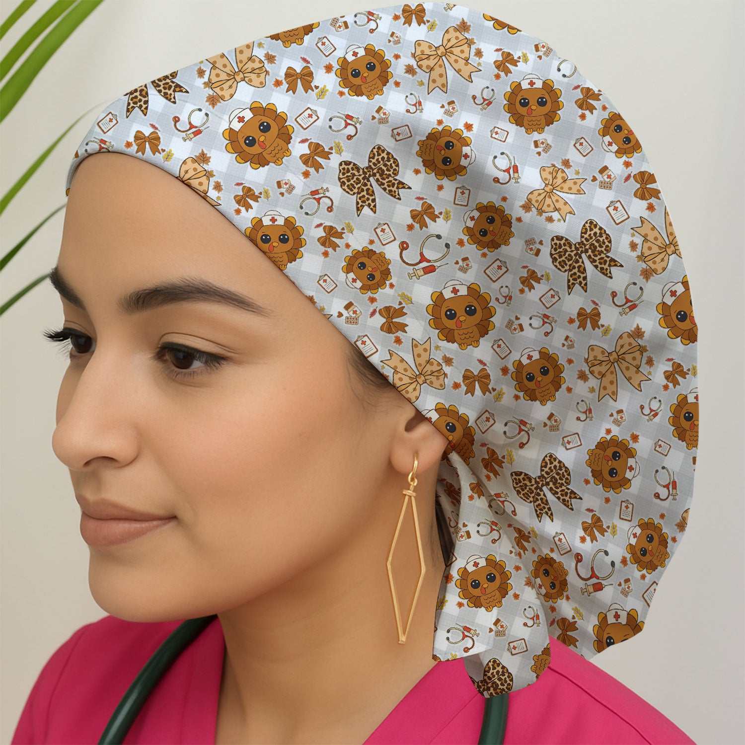 Thanksgiving Bouffant Scrub Caps for Women - Cute Turkey Holiday Nursing Gift - Fall Leaves and Bow Caps