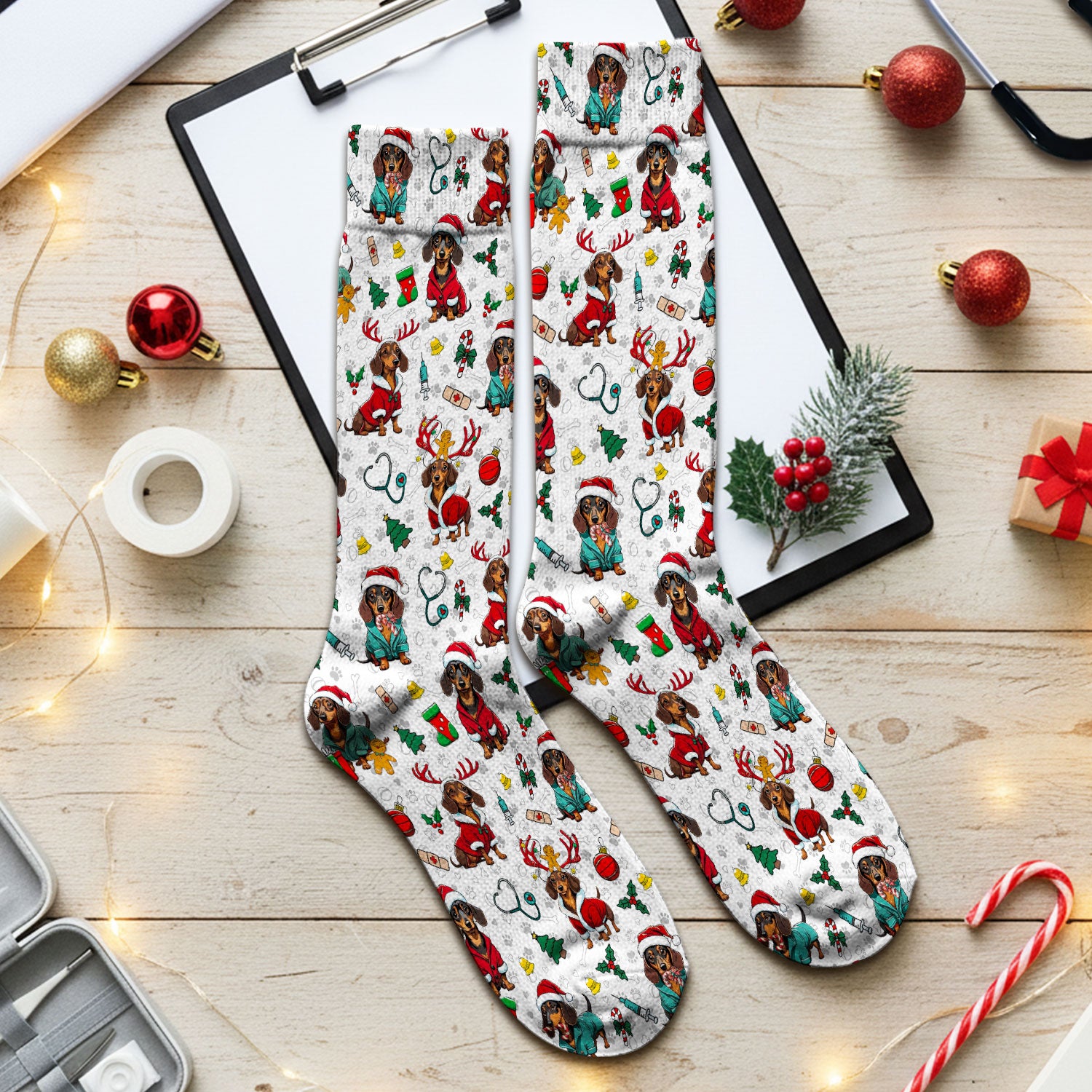 Christmas Dachshund Socks for Nurse Doctor - Cute Sausage Dog Funny Reindeer & Santa Adult Socks for Men and Women