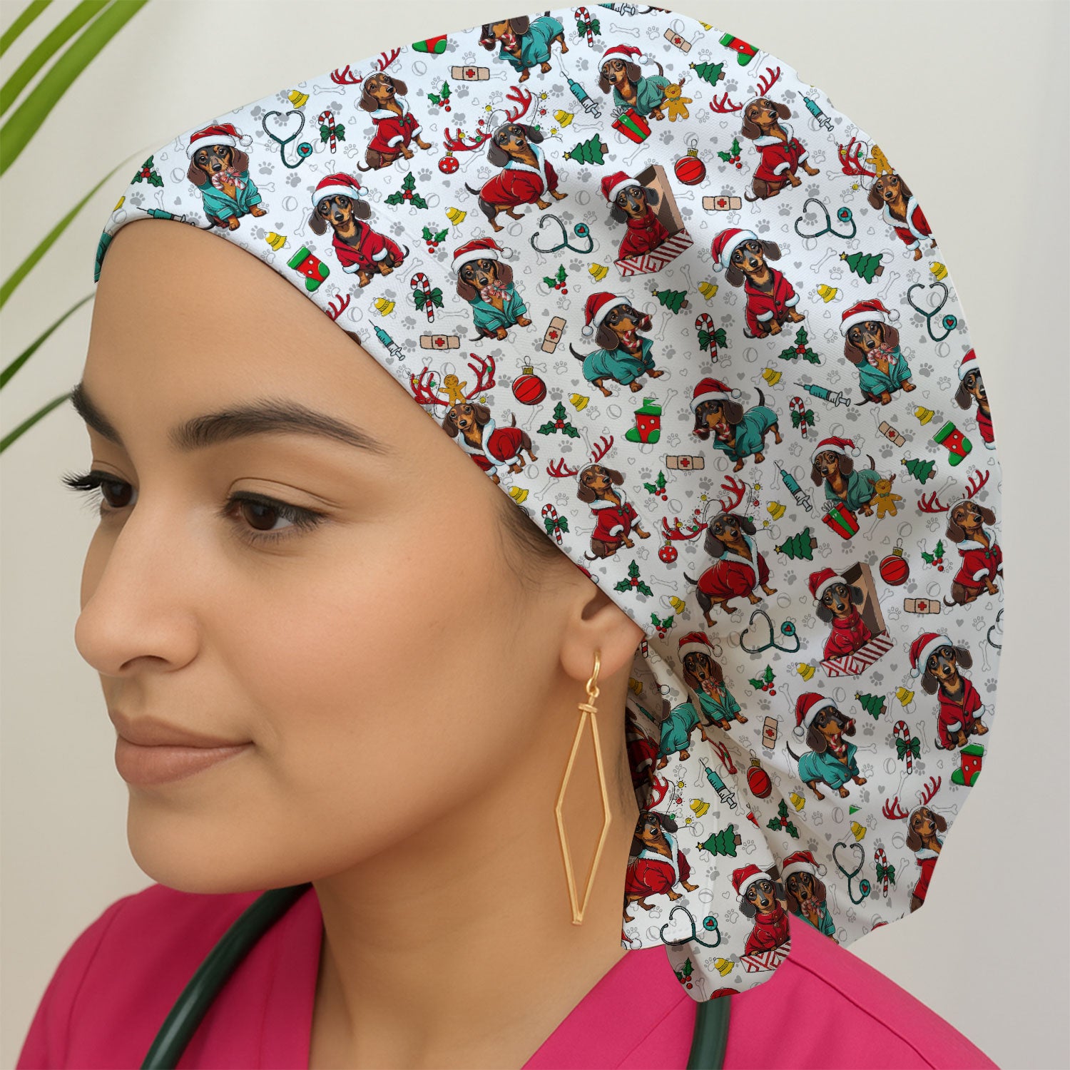 Christmas Dachshund Bouffant Scrub Caps for Women - Cute Sausage Dog Holiday Caps - Funny Reindeer & Santa - Breathable Fabrics Caps Uniform