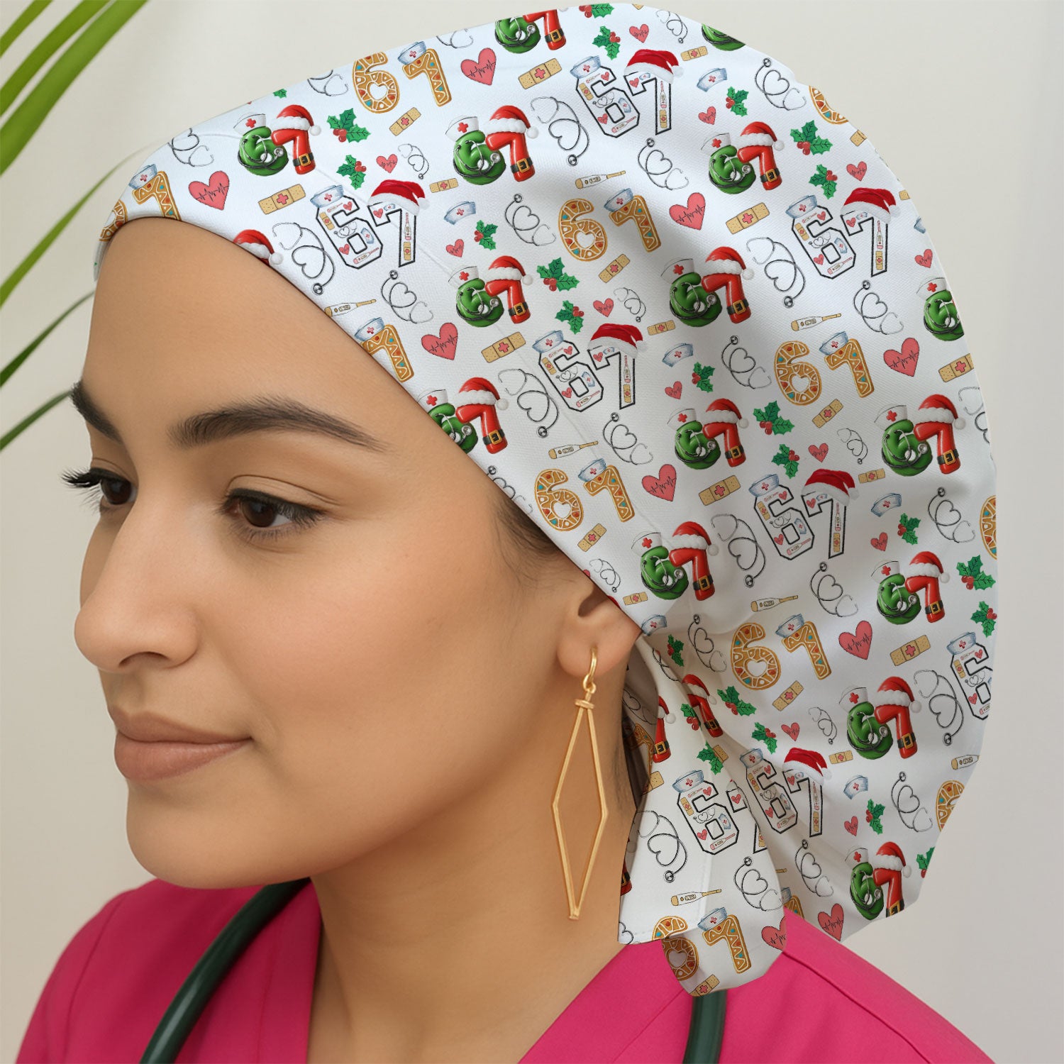 Christmas Nurse 67 Pattern Scrub Cap, Cute Holiday Medical Hat With Santa Hat, Uniform For Nursing