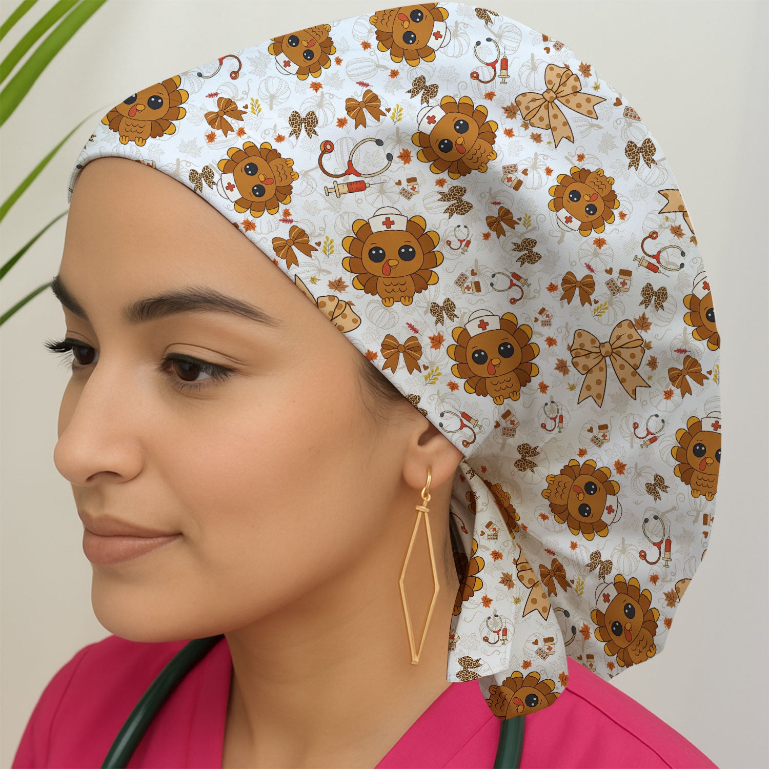 Thanksgiving Bouffant Scrub Caps for Women - Fall Leaves and Bow Holiday Nursing Gift - Breathable Fabrics Caps Uniform