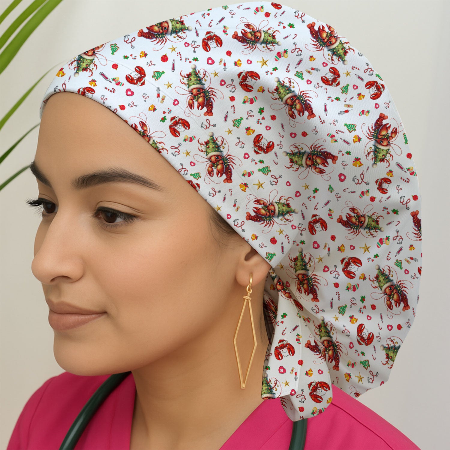 Whimsical Crawfish Christmas Scrub Cap – Southern Christmas Cajun Holiday Crawfish Pattern – Cute Medical Uniform for Nurses, Vets And Healthcare Workers