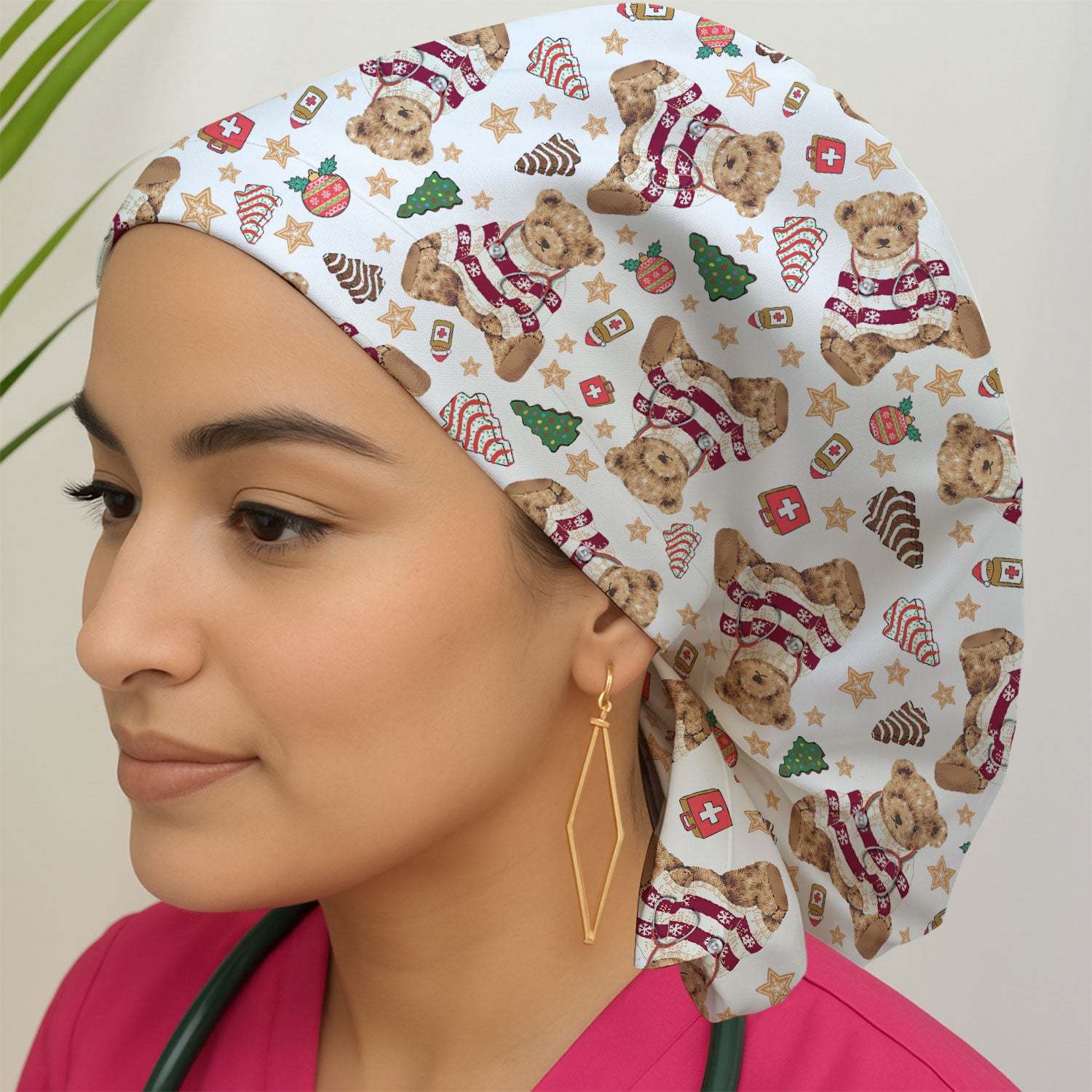 Teddy Bear Christmas Bouffant Scrub Caps for Women - Festive Holiday Nursing Gift - Breathable Fabrics Caps Uniform