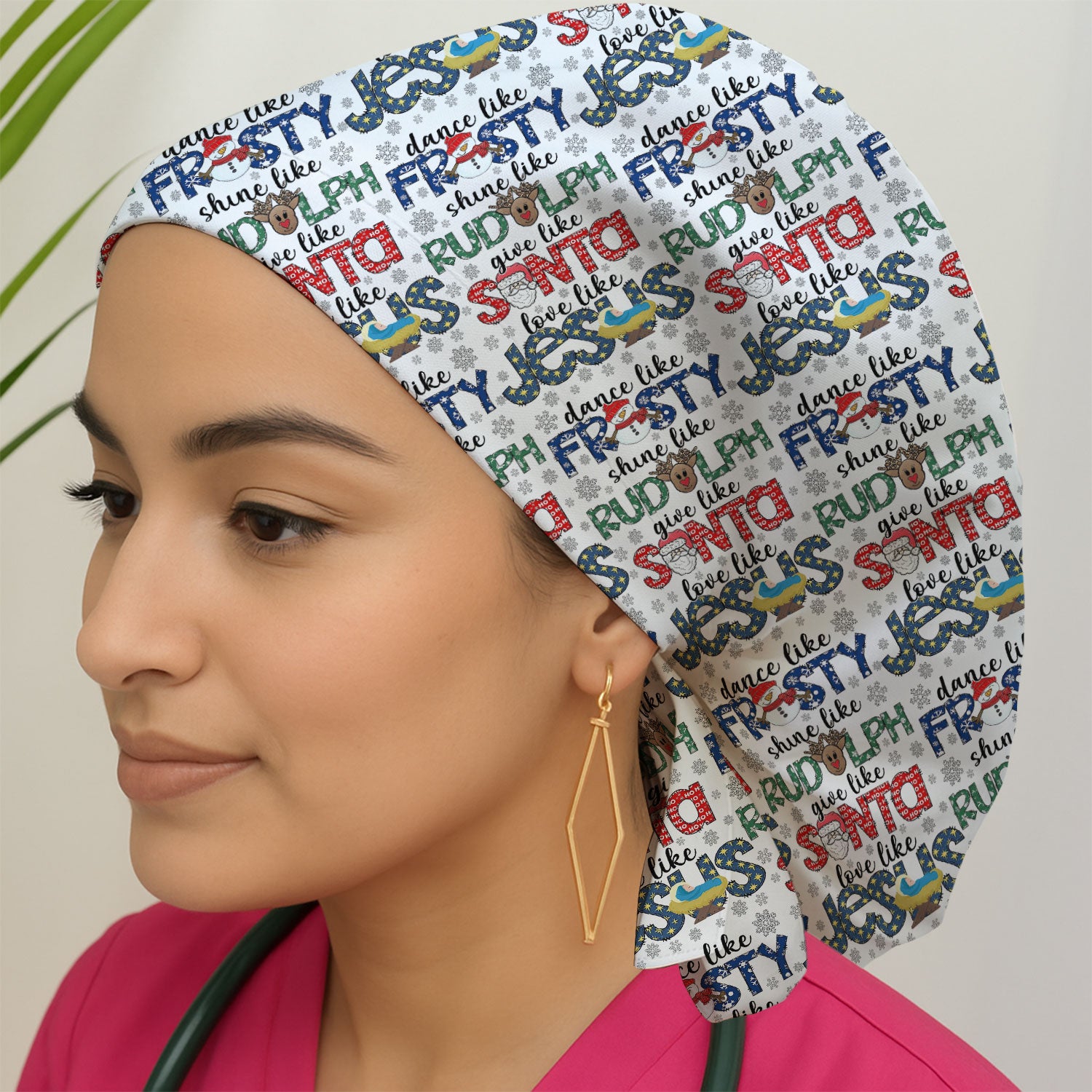 Funny Rudolph Bouffant Scrub Caps for Women - Christmas Santa Surgical Caps for Doctors - Breathable Fabrics Caps Uniform