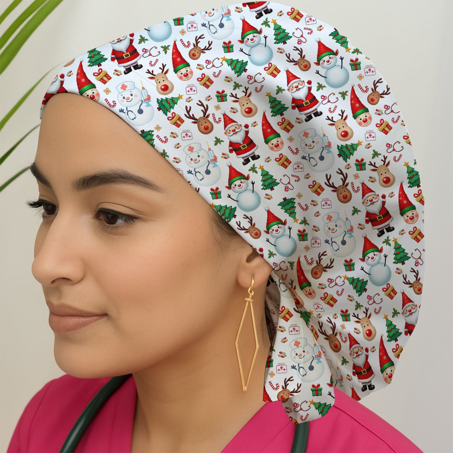 Christmas Bouffant Scrub Caps for Women - Cute Snowman Reindeer Santa Surgical Caps for Doctors - Breathable Fabrics Caps Uniform