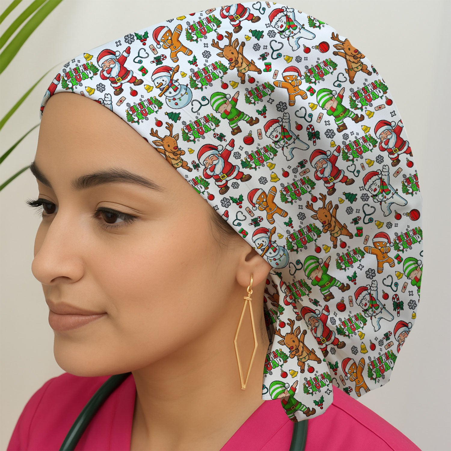 Christmas Squad Bouffant Scrub Caps for Women - Dancing Santa, Reindeer & Elf Holiday Nursing Gift - Funny Holiday Gift