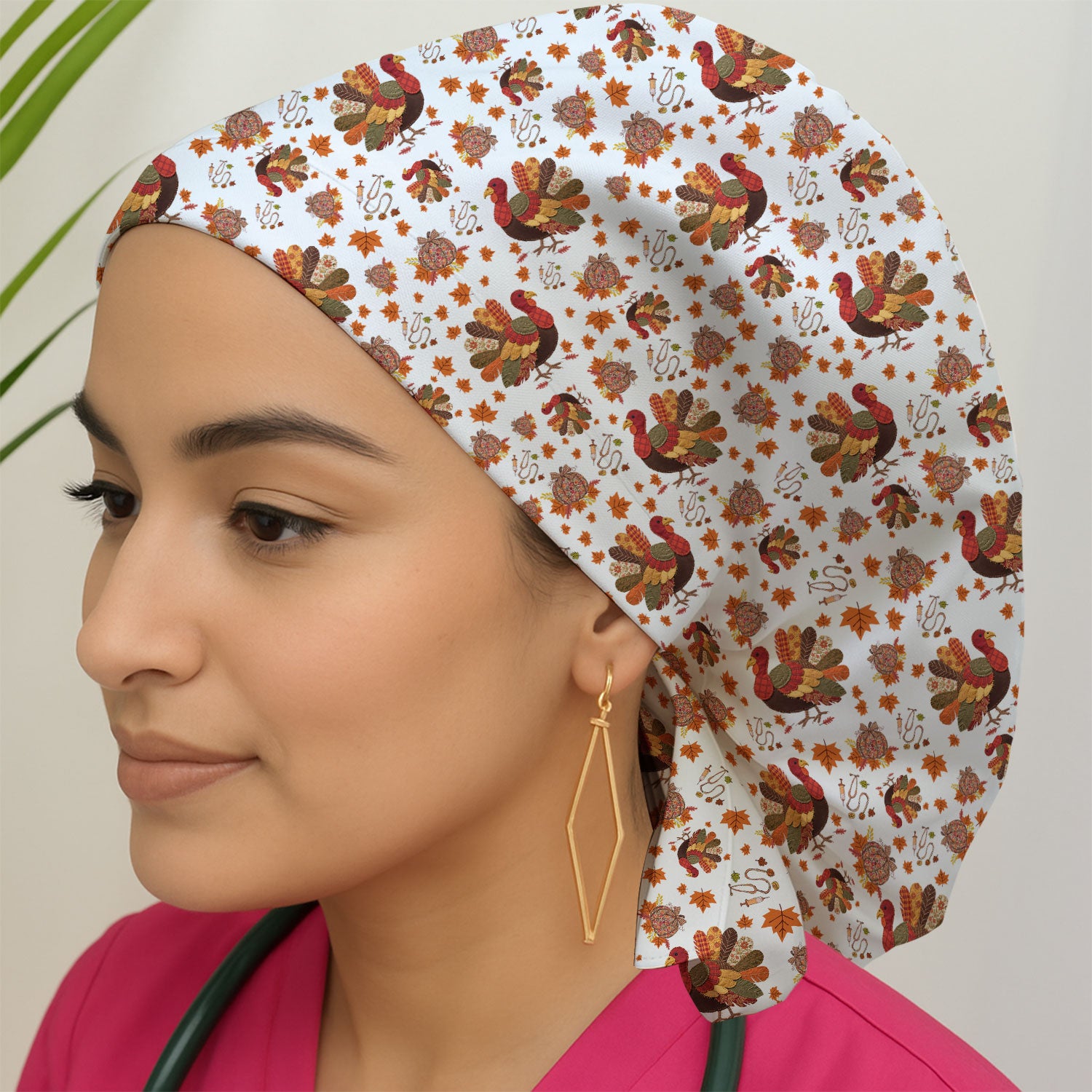 Fall Leaves Thanksgiving Bouffant Scrub Caps for Women - Breathable Fabrics Caps Uniform - Funny Turkey Surgical Caps for Doctors