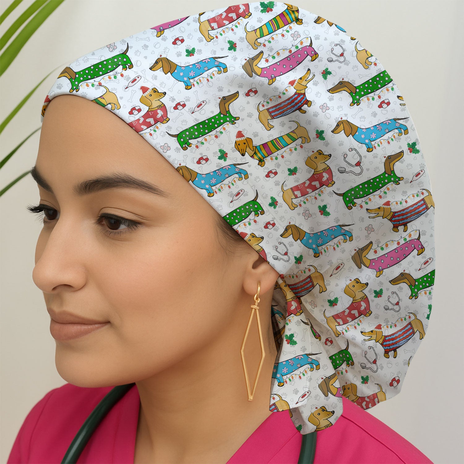 Funny Dachshund Bouffant Scrub Caps for Women - Cute Wiener Dog Holiday Nursing Gift - Puppy Lover Gift