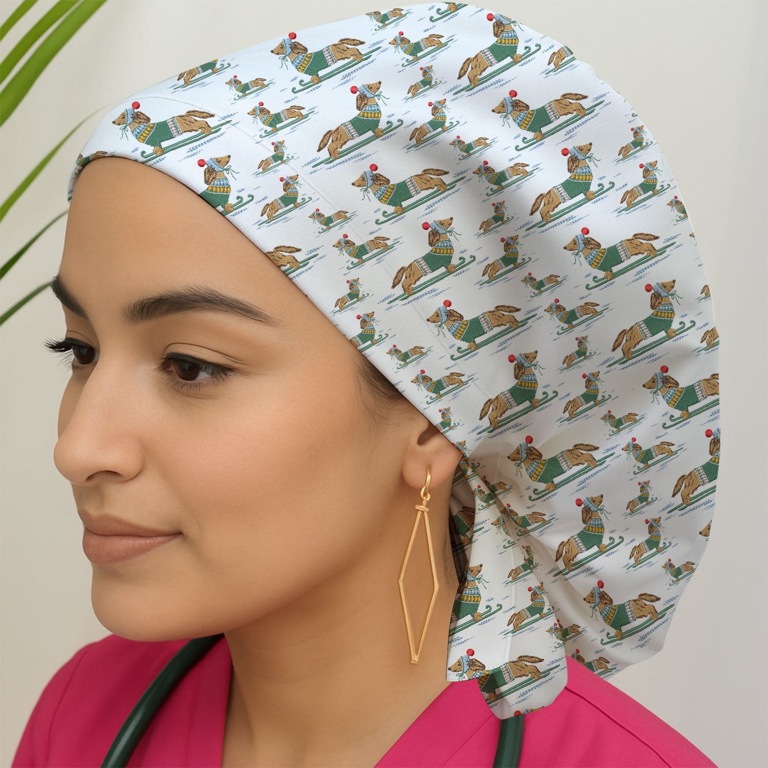 Dachshund Nurse Scrub Cap, Wiener Dog Winter Pattern Hat, Breathable Fabrics Nursing Uniform