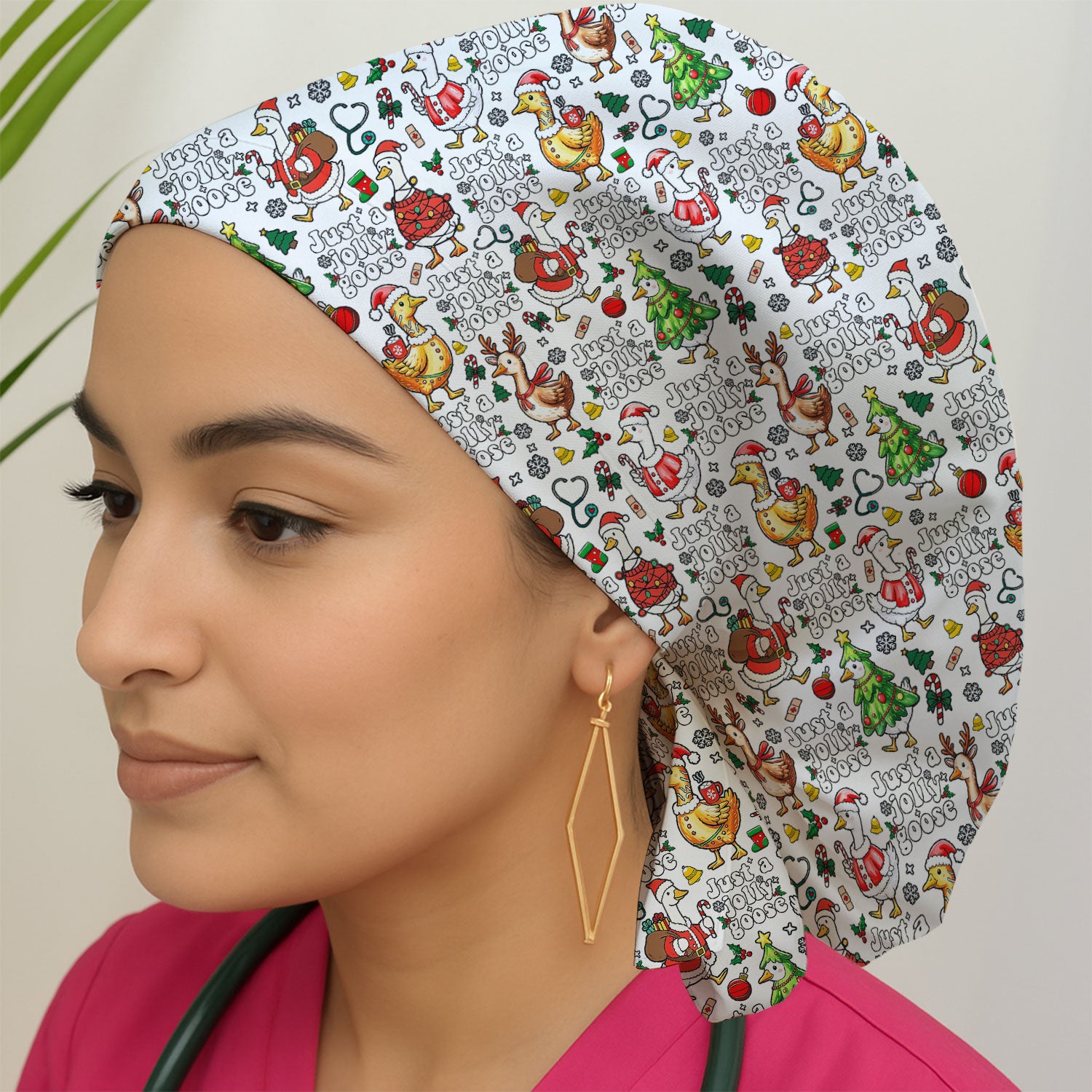 Just a Jolly Goose Bouffant Scrub Caps for Women - Santa Goose Holiday Nursing Gift - Breathable Fabrics Caps Uniform
