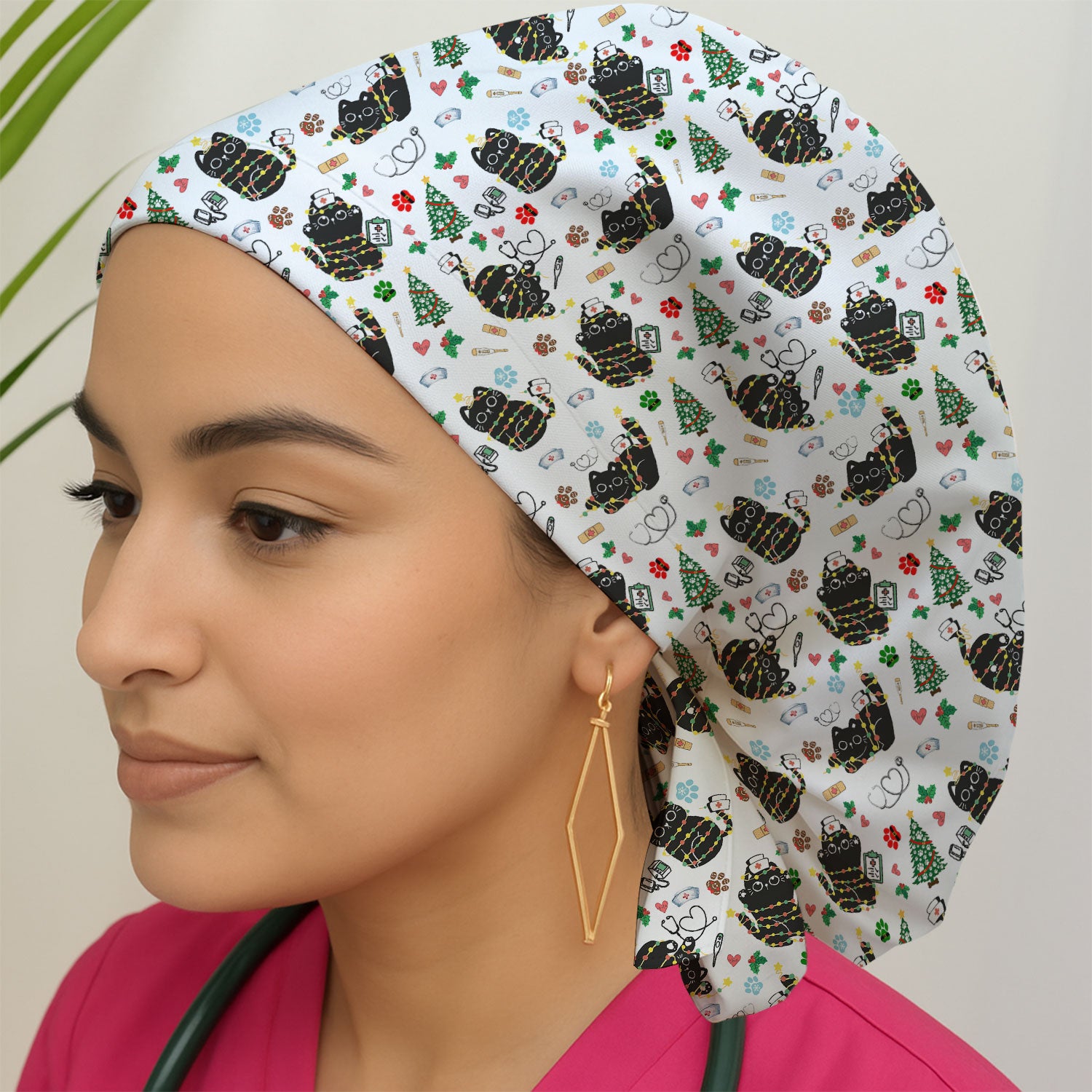 Funny Black Cat Christmas Scrub Cap – Cute Holiday Kitty Pattern – Festive Medical Uniform for Nurses, Vets, and Cat Lovers