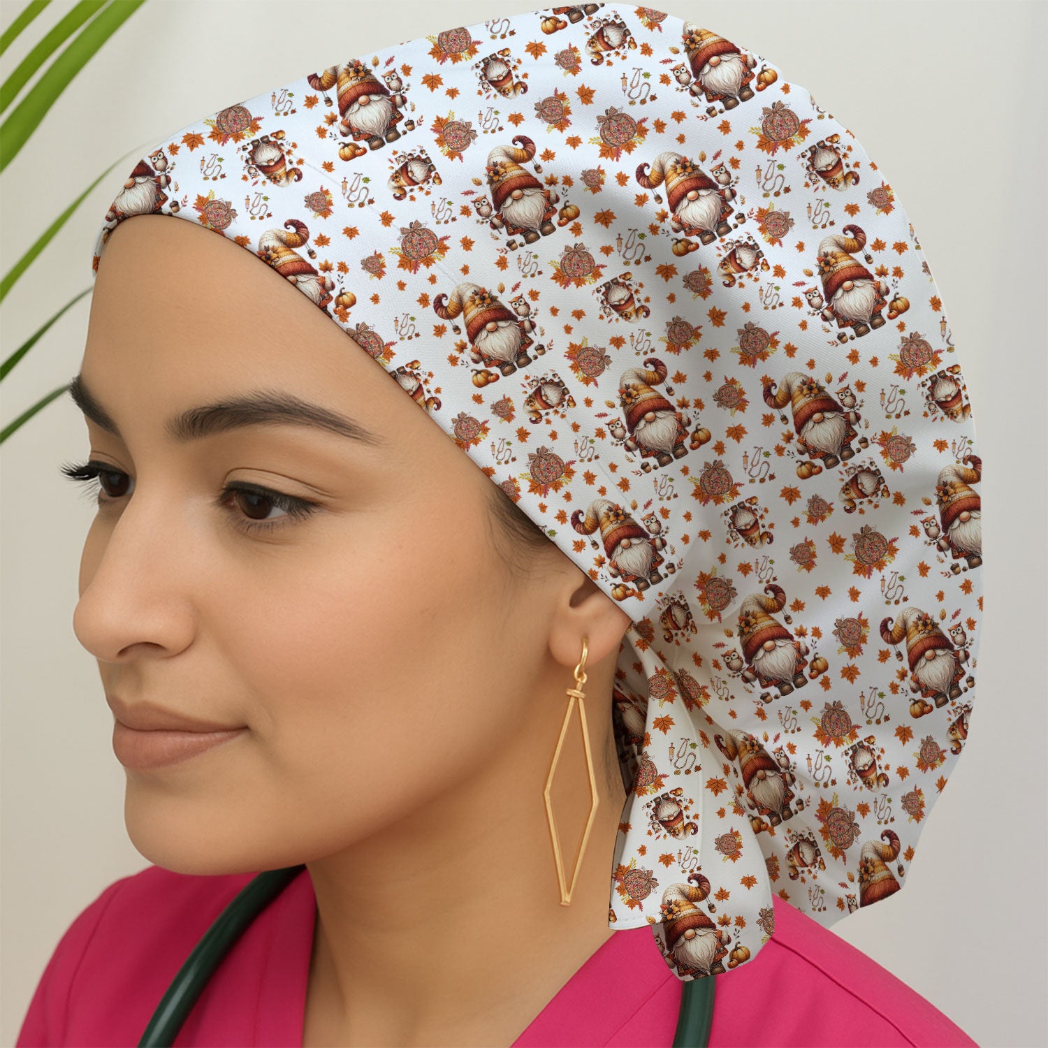 Autumn Leaves Pumpkin Bouffant Scrub Caps for Women - Thanksgiving Surgical Caps for Doctors - Gnome Lover Gift for Her