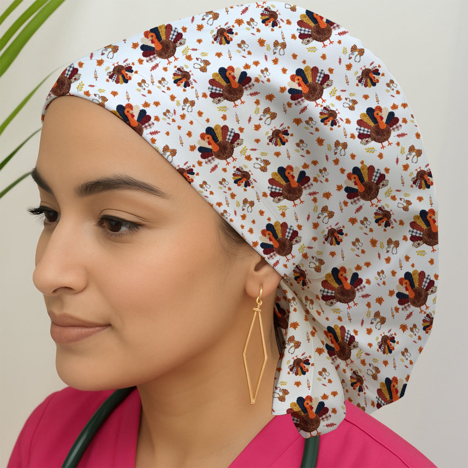 Thanksgiving Bouffant Scrub Caps for Women - Funny Autumn Turkey Surgical Caps for Doctors - Breathable Fabrics Caps Uniform