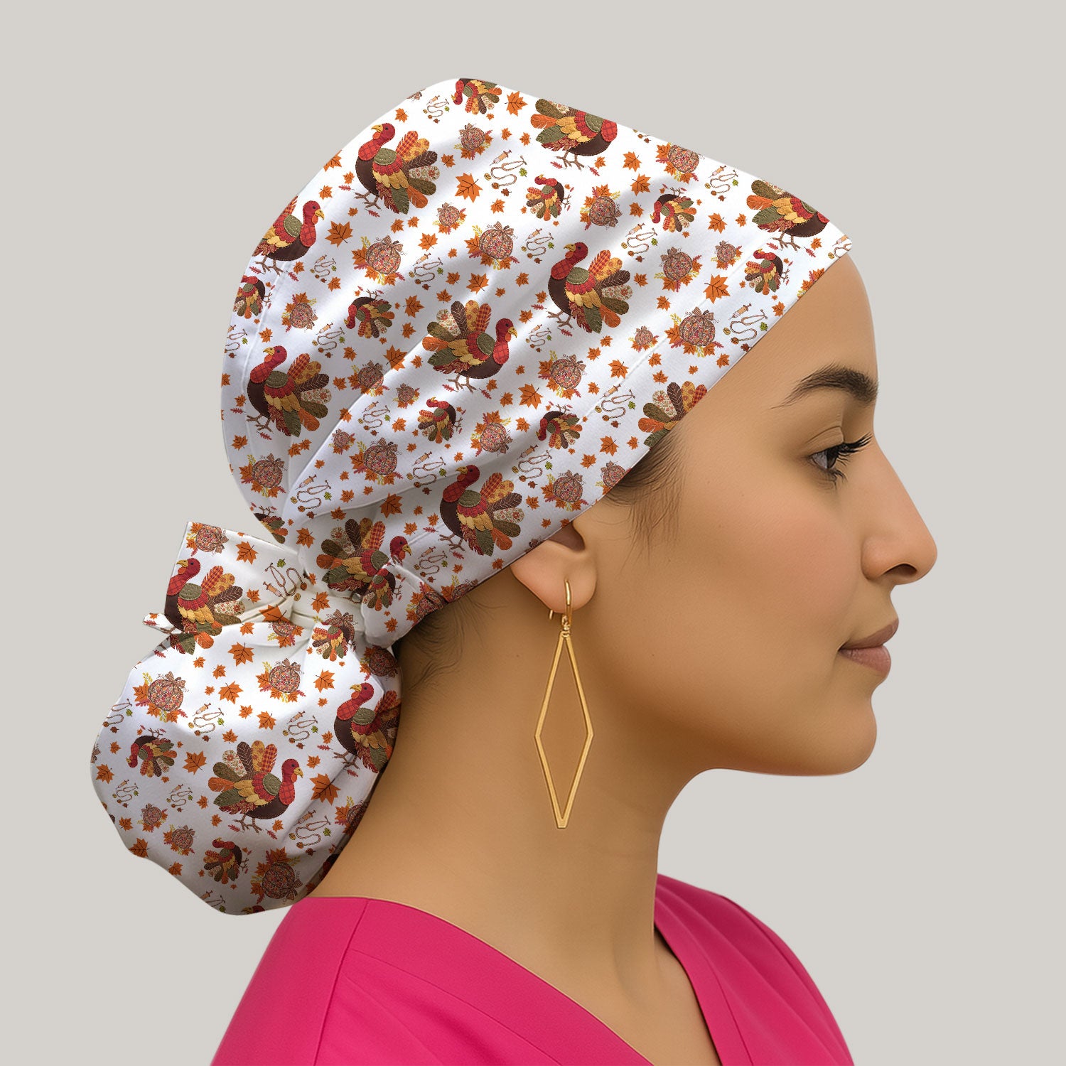 Fall Leaves Thanksgiving Bouffant Scrub Caps for Women - Breathable Fabrics Caps Uniform - Funny Turkey Surgical Caps for Doctors