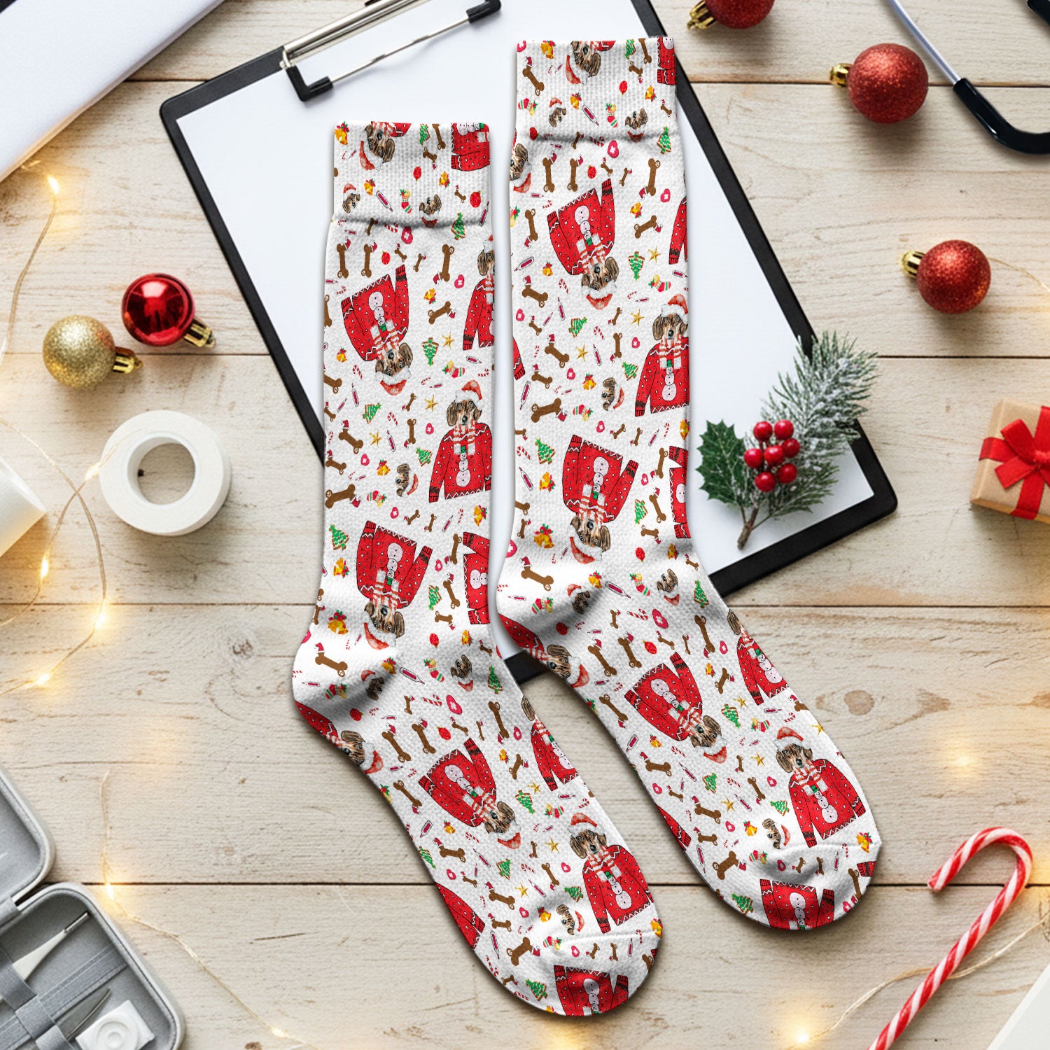 Funny Dog Christmas Socks – Cute Puppy in Santa Outfit Pattern – Festive Holiday Medical Uniform For Nurses And Pet Lovers