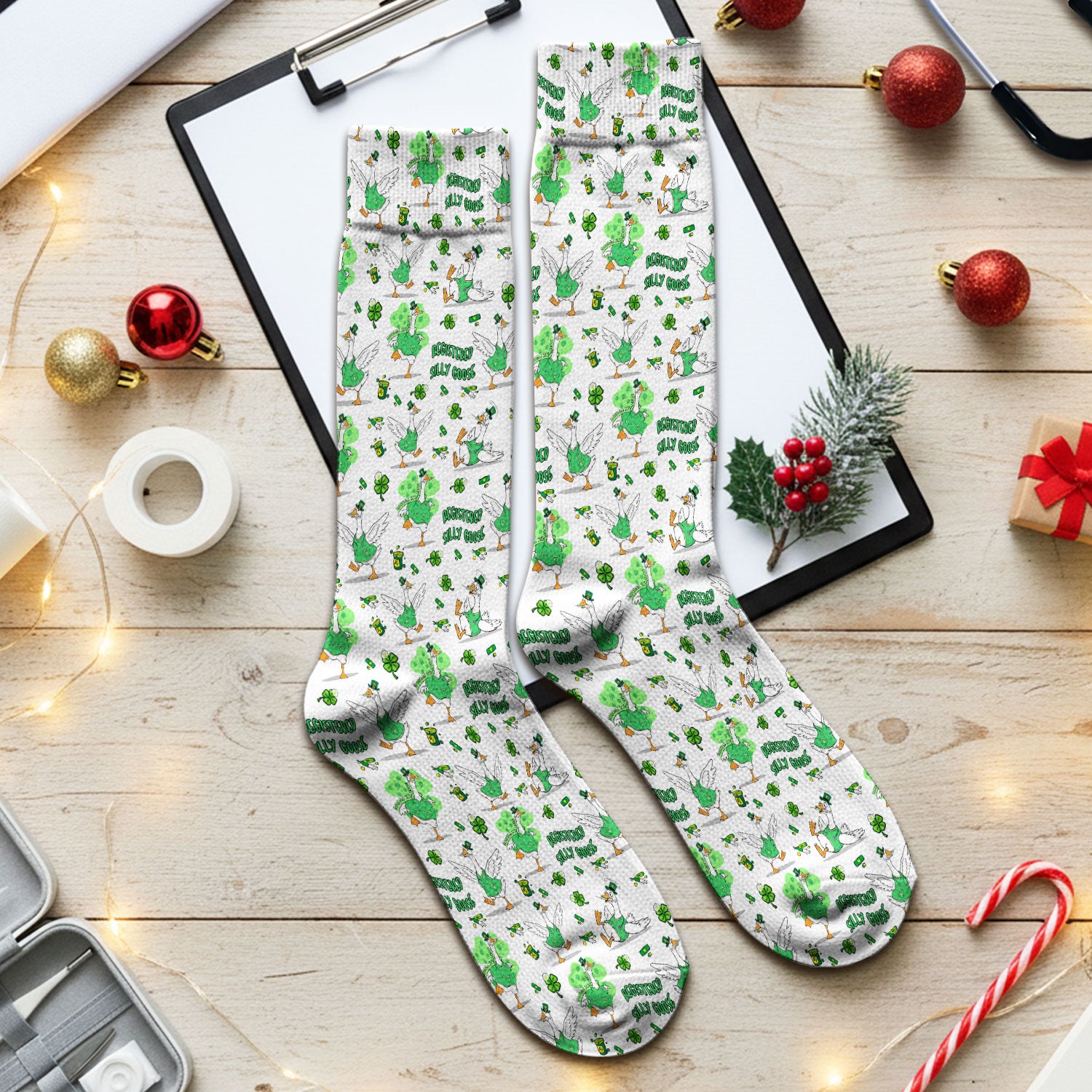 Silly Goose St. Patrick’s Day Scrub Socks, Funny Goose Shamrock Pattern Nurse Scrub Sock, Irish Green Nursing Uniform