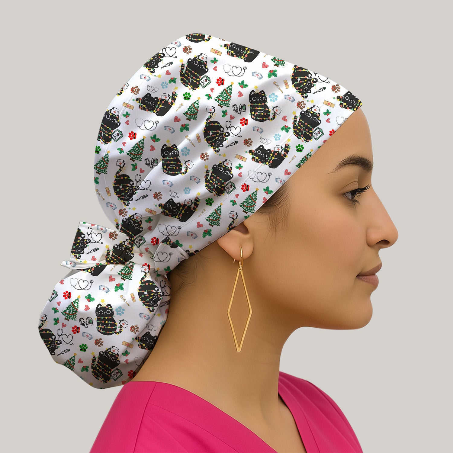 Funny Black Cat Christmas Scrub Cap – Cute Holiday Kitty Pattern – Festive Medical Uniform for Nurses, Vets, and Cat Lovers