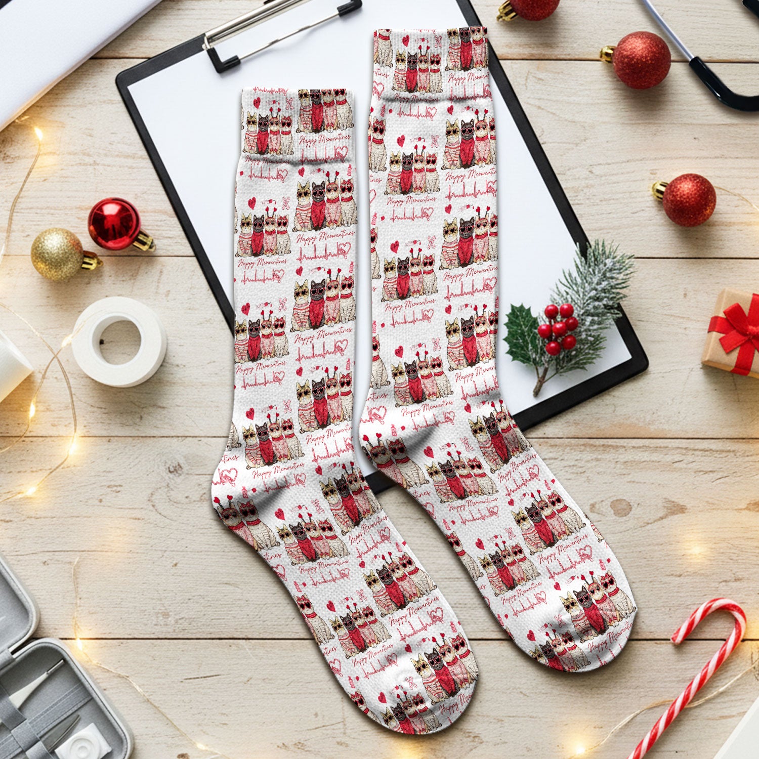 Happy Meowtines Cat Pattern Scrub Socks, Valentine Cat Lover Nurse Scrub Sock, Heartbeat Medical Pattern Nursing Uniform