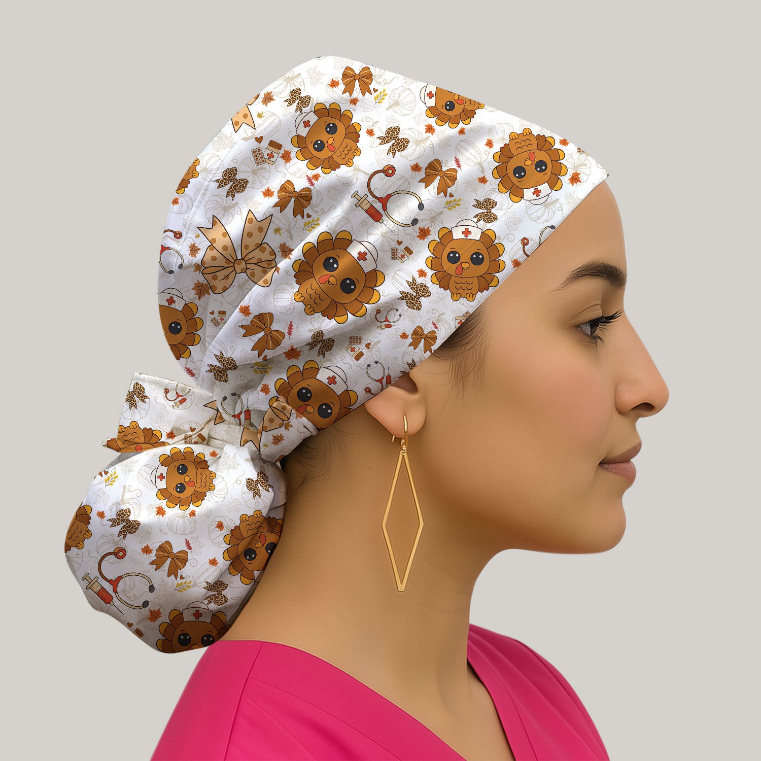 Thanksgiving Bouffant Scrub Caps for Women - Fall Leaves and Bow Holiday Nursing Gift - Breathable Fabrics Caps Uniform
