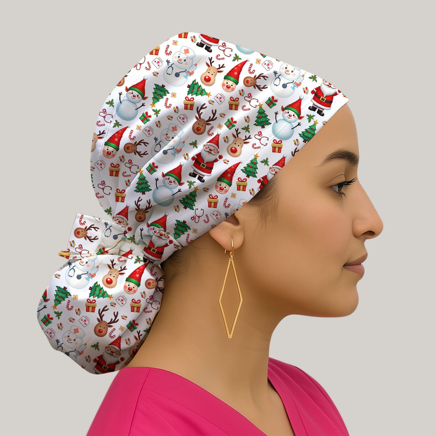 Christmas Bouffant Scrub Caps for Women - Cute Snowman Reindeer Santa Surgical Caps for Doctors - Breathable Fabrics Caps Uniform